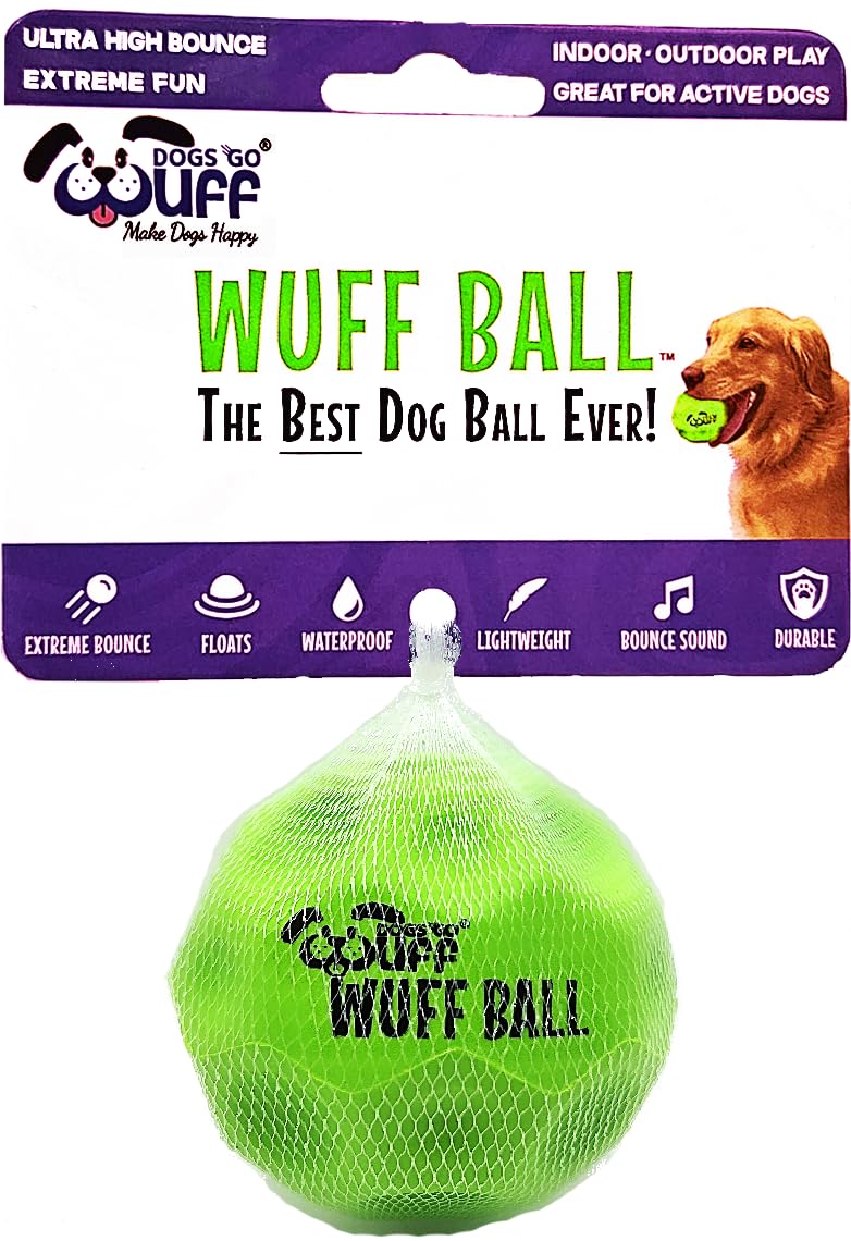Wuff Ball - The Best Dog Ball Ever! Fun Durable Ultra Bouncy Green Fetch Dog Toy, Fits Ball Launcher