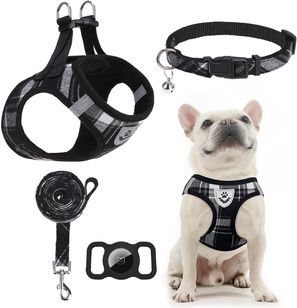 EXPAWLORER Classic Plaid Puppy Harness - Dog Collar and Leash - Soft Mesh Padded Adjustable Step in Small Dog Vest Harness No Pu