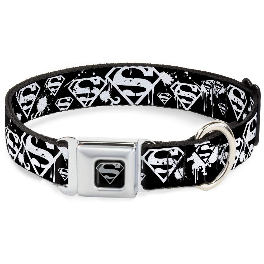 Buckle-Down Seatbelt Buckle Dog Collar - Superman Shield Splatter Black/White - 1.5' Wide - Fits 16-23' Neck - Medium