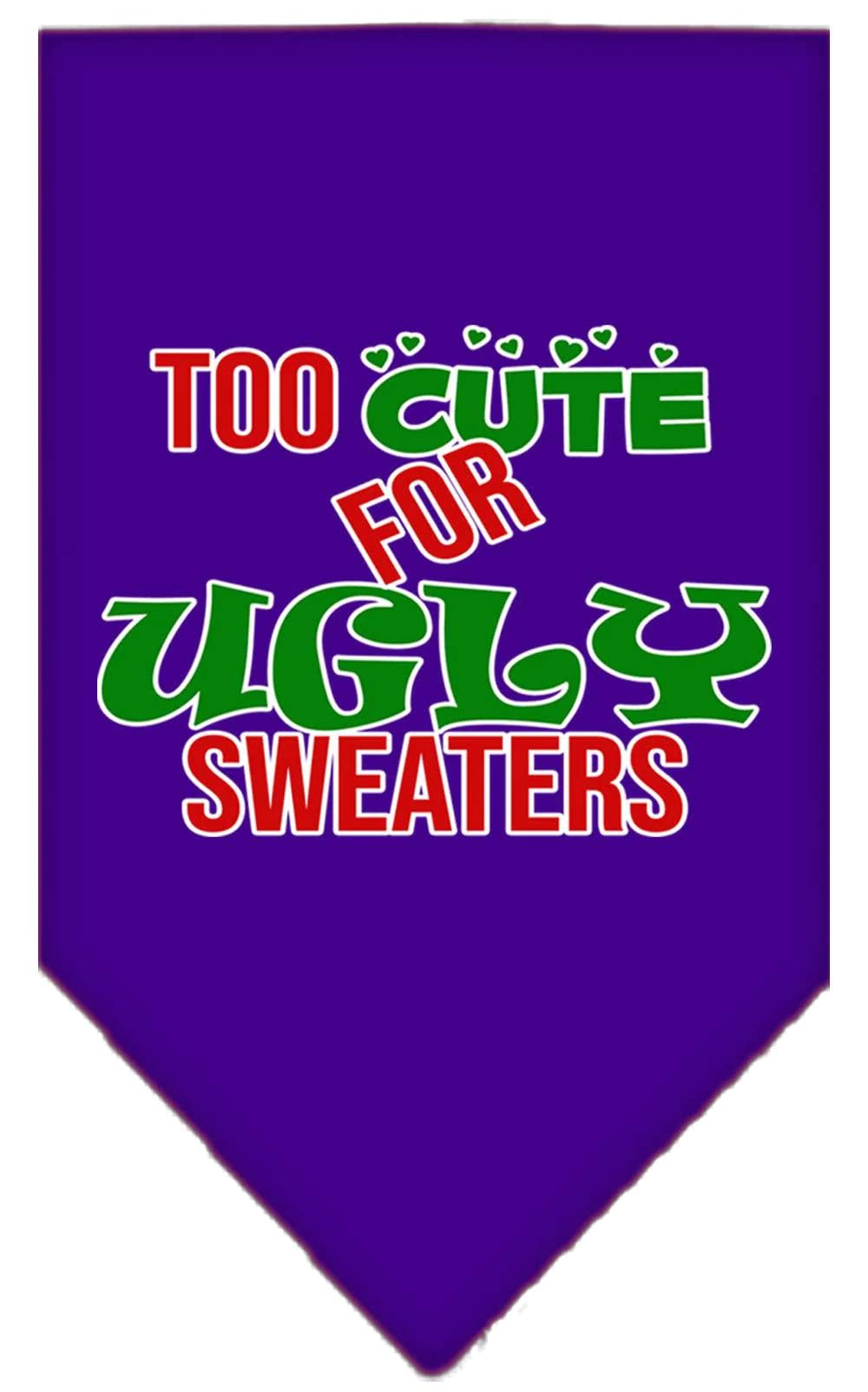 Christmas Pet and Dog Bandana Screen Printed, "Too Cute For Ugly Sweaters" Purple Small
