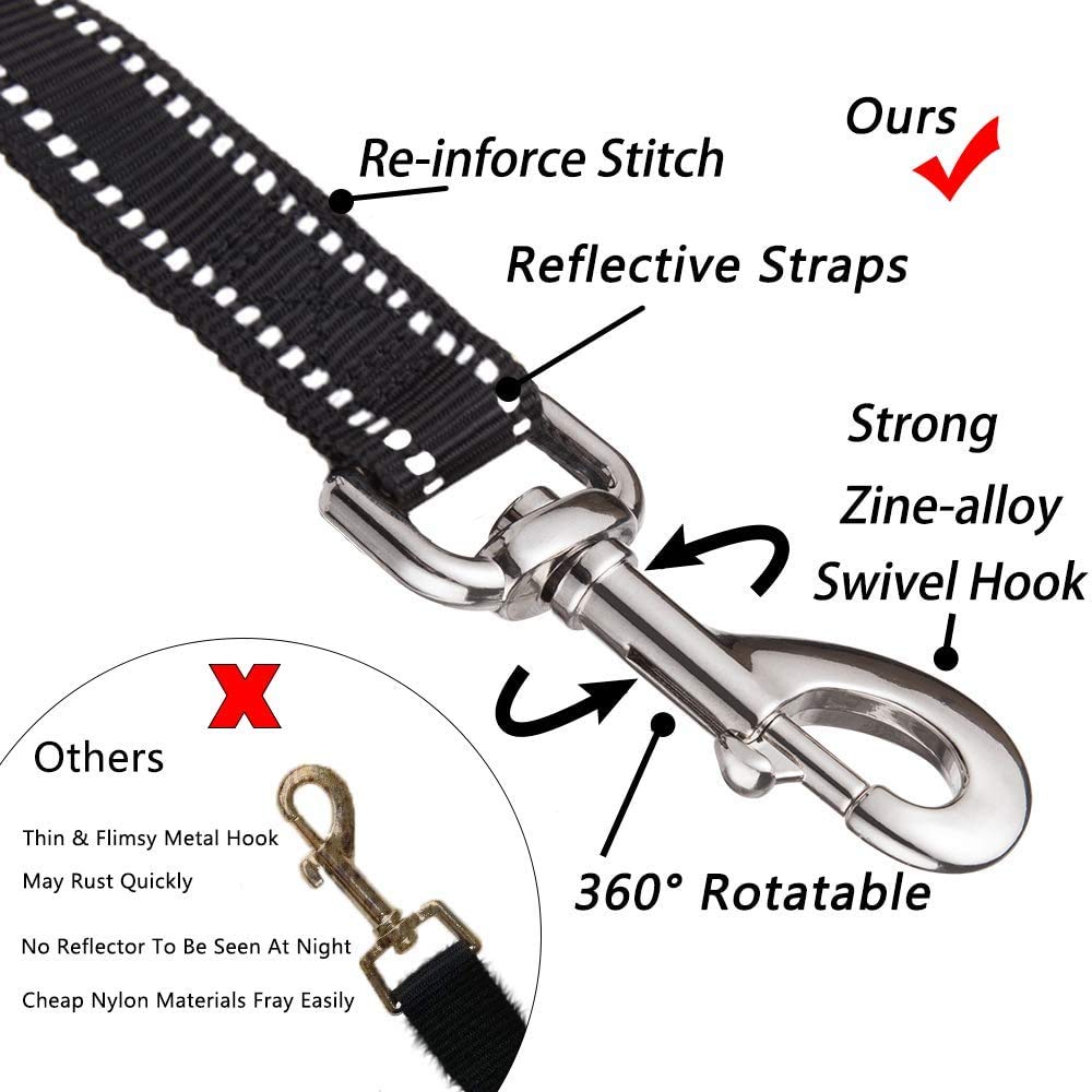Poypet 5 Feet Dog Leash - Reflective - 2 Cushioned Handles - Functional Car Seat Belt (Khaki)