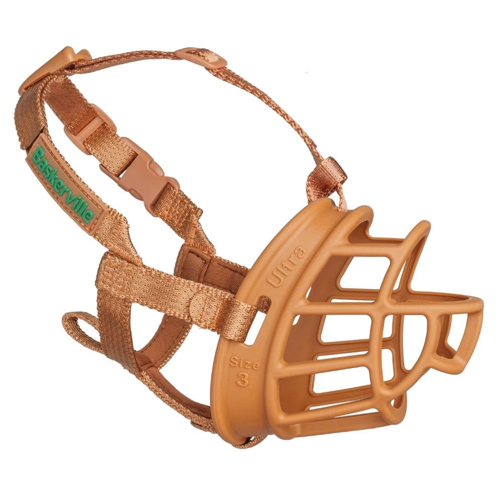 BASKERVILLE ULTRA MUZZLE  Patented Humane Design, Breathable, Dog can Pant and Drink, Adjustable, Padded, Training Muzzle for M