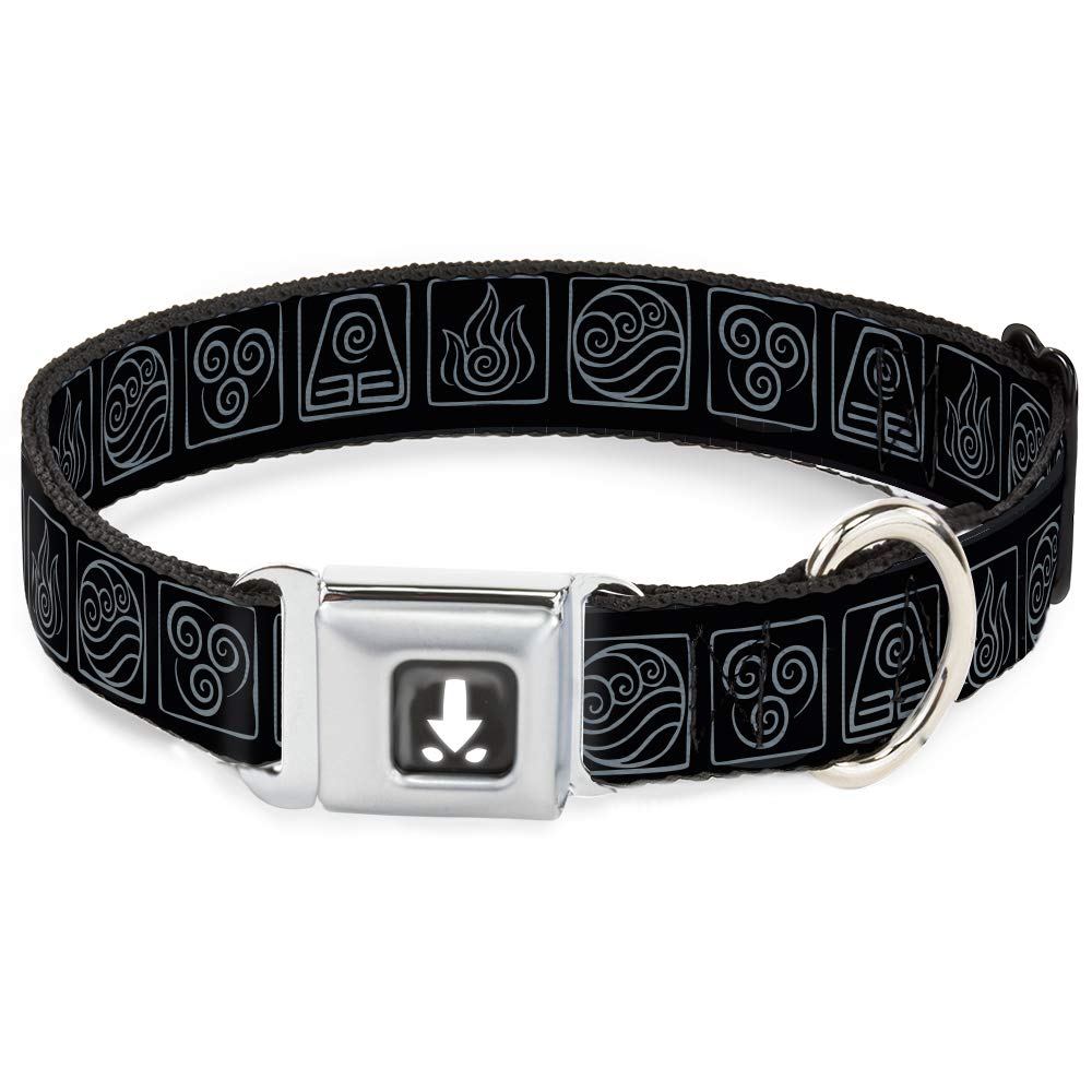 Buckle-Down Dog Collar Seatbelt Buckle Avatar The Last Airbender Bending Elements Icons Black Gray, 1' Wide - Fits 9.5-13' Nec
