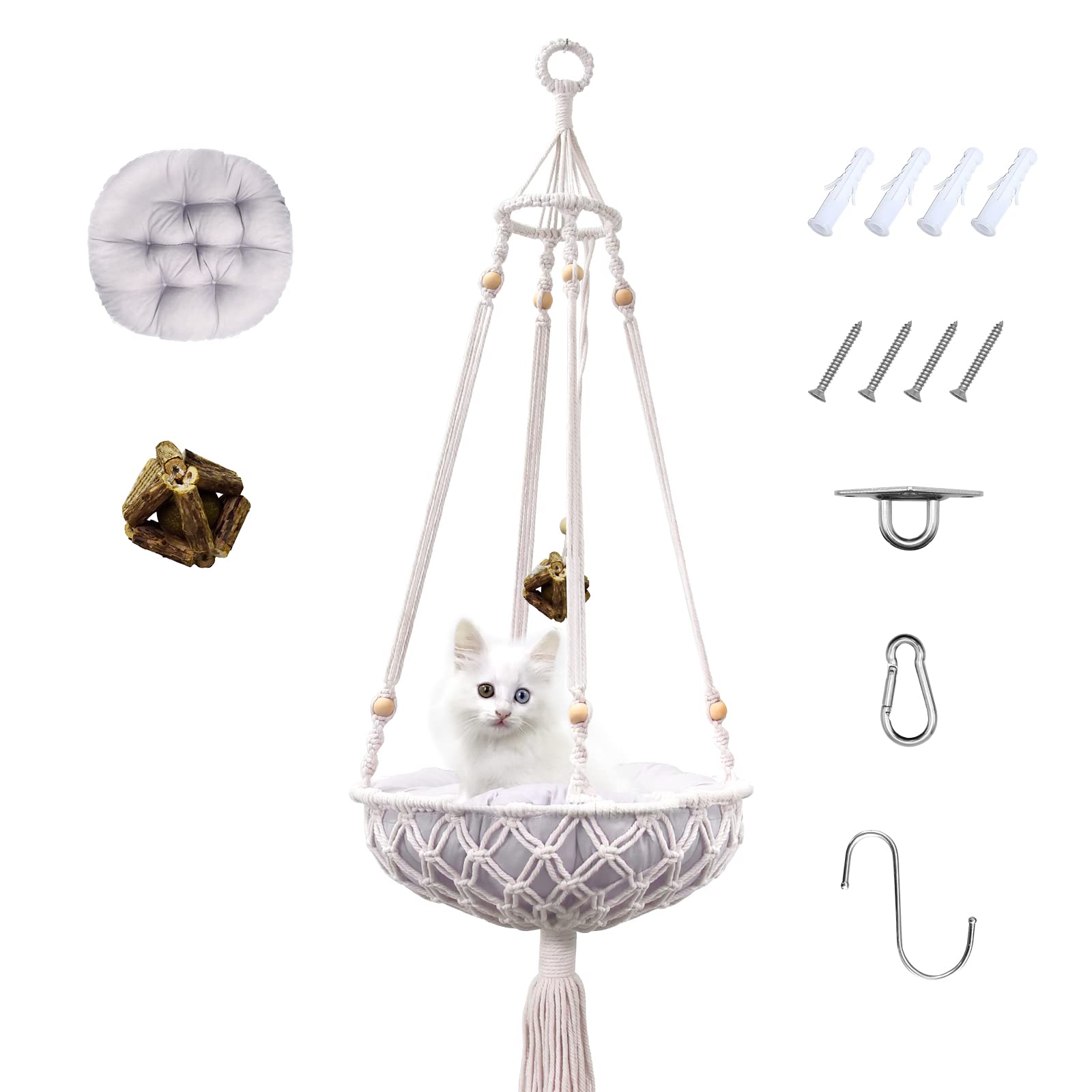 Vaescol Macrame Hammock, Handwoven Boho Cat Swing With Hanging Kit For Indoor Outdoor Home Decor Hang On Wall Bed For Sleeping, Playing, Climbing And Lounging