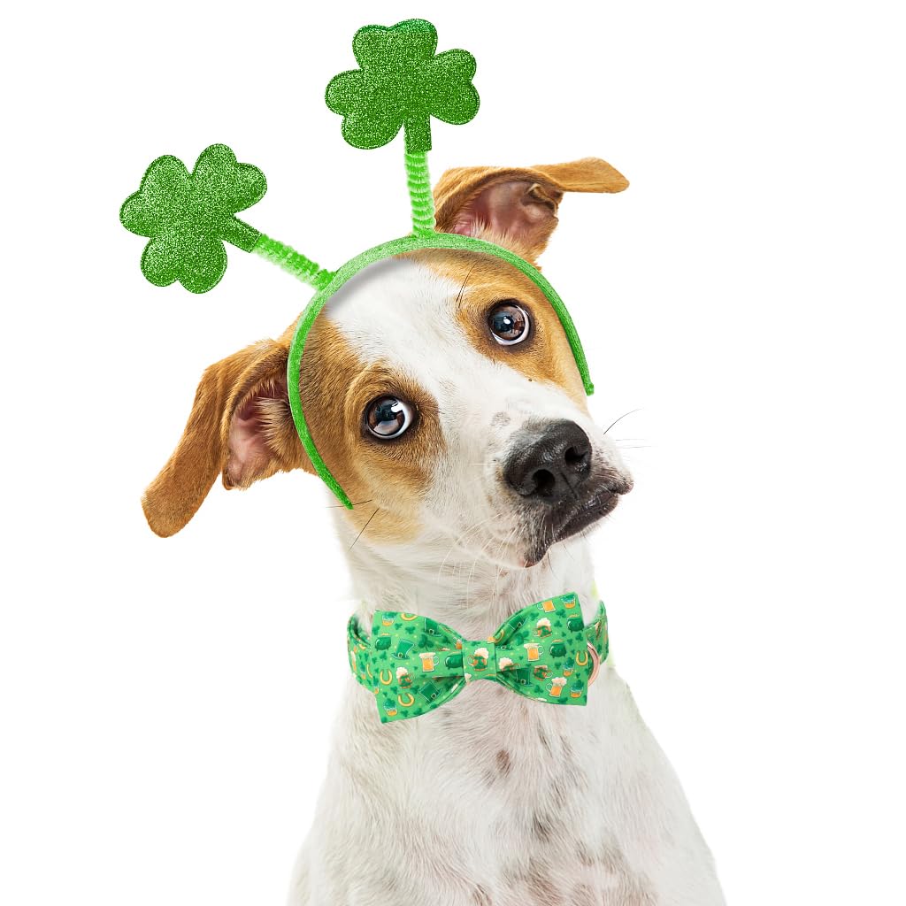 Aring Pet St Patrick'S Day Dog Collar-Green Lucky Clovers Dog Collar With Bow, Adjustable Shamrock Bowtie Dog Collars Trefoil Pe