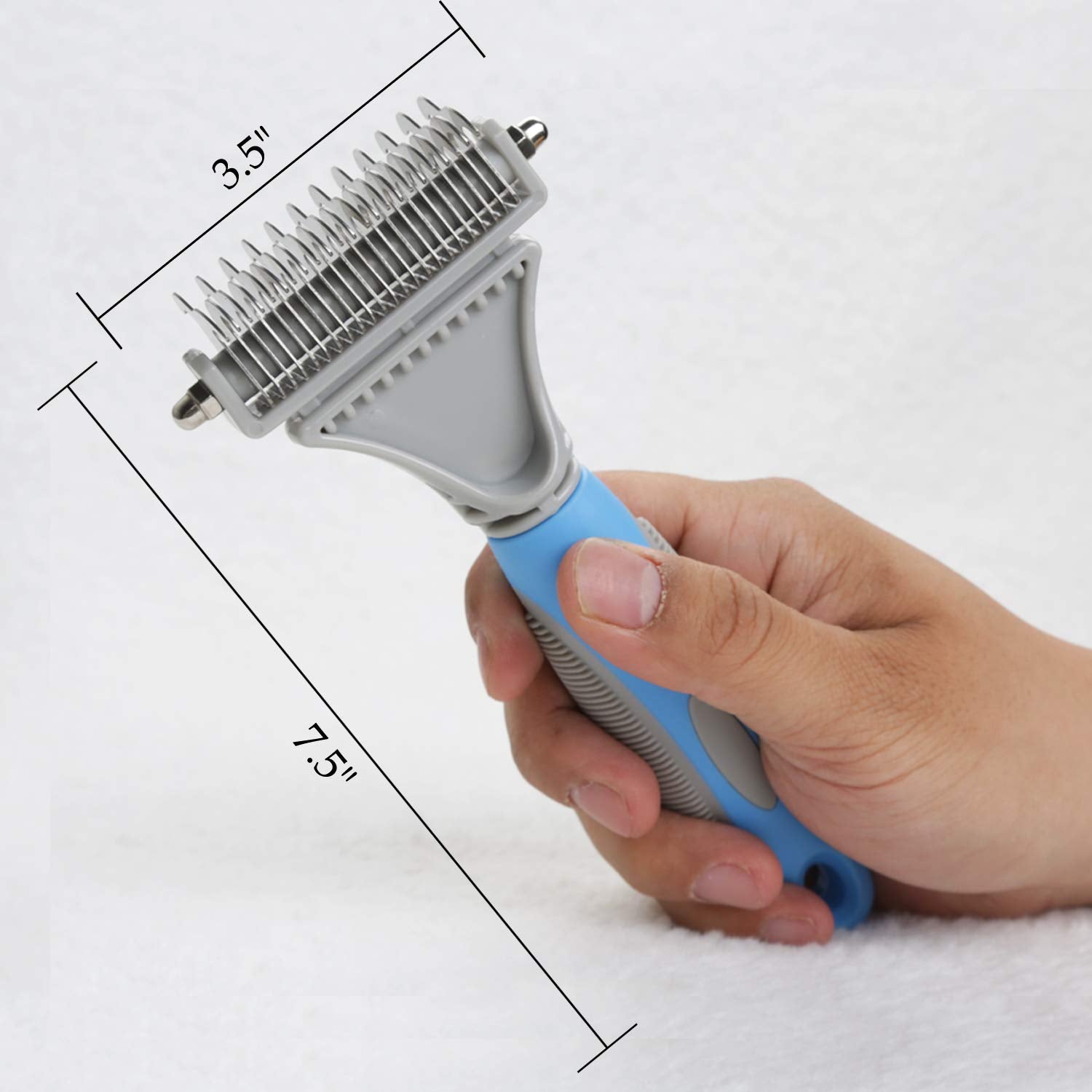 Honguang Pet Dematting Comb - 2 Sided Rake for Medium/Long Haired Cats & Dogs, Metal, Blue - Safe Grooming Tool for Mats & Tangles