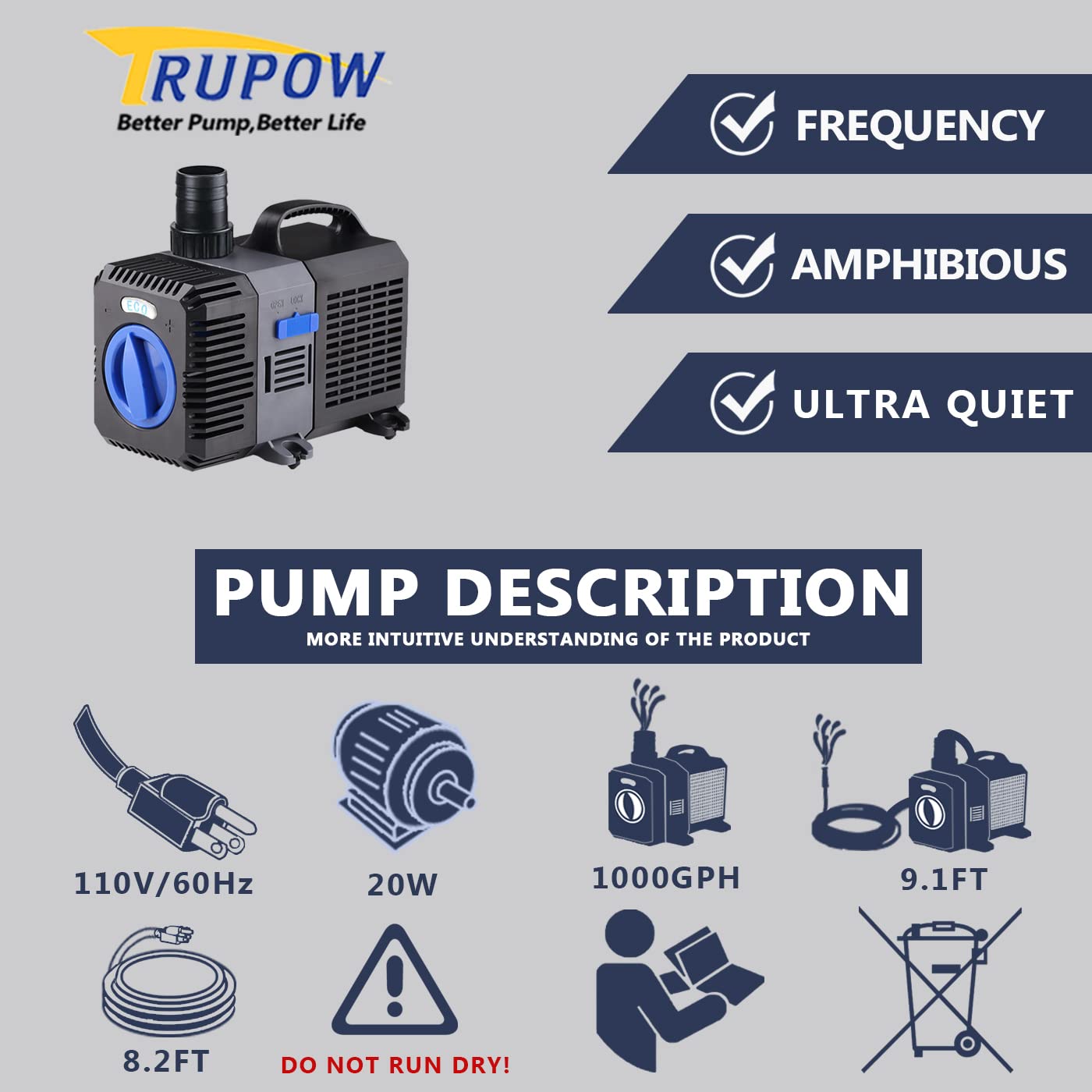 TRUPOW CTP-3800 Adjustable Frequency Submersible Pond Filter Pump, 1000GPH, Black, for Fish Tanks and Waterfalls