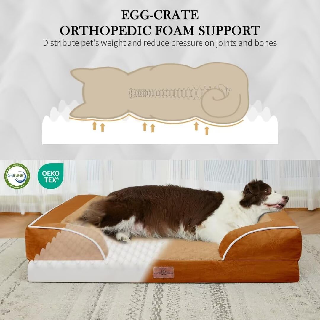 Comfort Expression Orthopedic Dog Bed For Extra Large Dogs, Pv Washable Dog Sofa Bed Jumbo, Waterproof Dog Bed With Removable Cover & Non-Slip Bottom(Jumbo,Caramel)