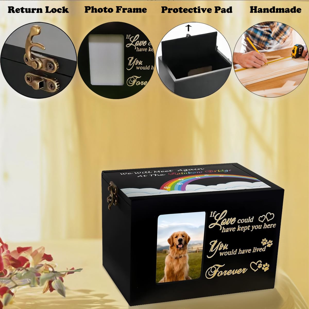 Sofunii Pet Urns For Dogs Or Cats Ashes,Medium Wooden Funeral Cremation Memorial Box With Photo Frame,Rainbow Bridge Keepsake Wi