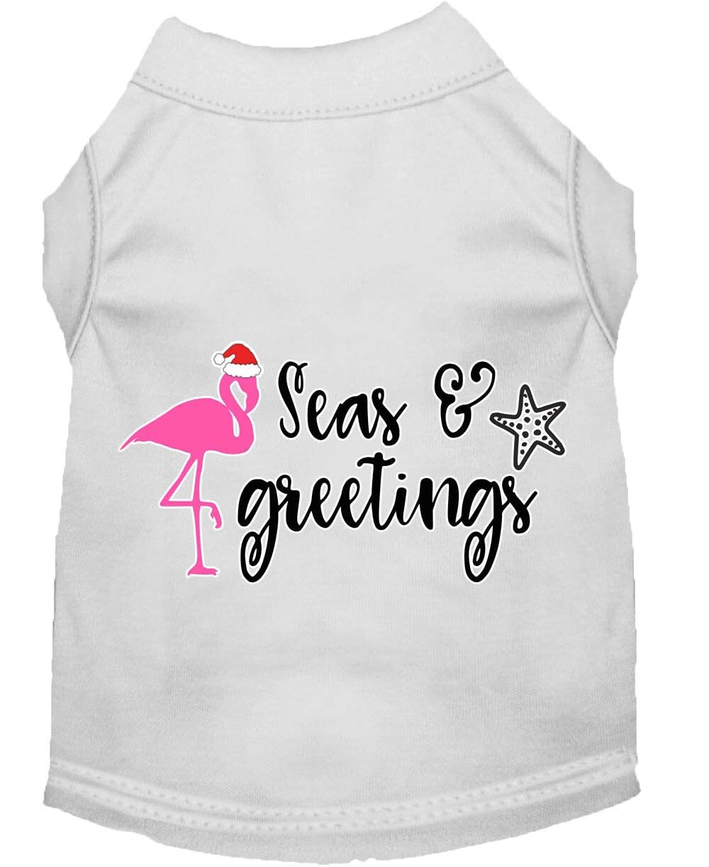 Christmas Pet Dog & Cat Shirt Screen Printed, "Seas and Greetings" Bright Pink SM (3-6 lbs.)