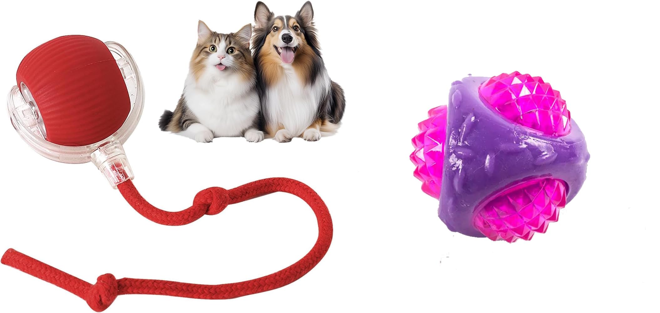 Pet Fun Interactive Cat Ball Toy With Rope Tail Multicolour & Tpr Diamond Ball Chew Toy With Squeaker & Led Durable For Aggressi