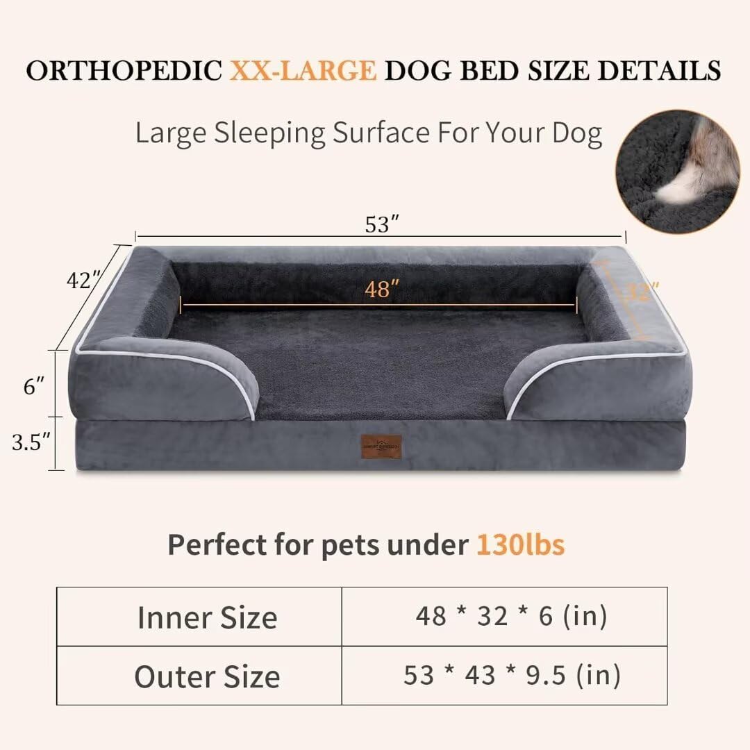 Comfort Expression XXL Waterproof Orthopedic Foam Dog Bed, Dark Grey, Washable with Removable Cover & Non-Slip Bottom, 53"x42"x9.5"