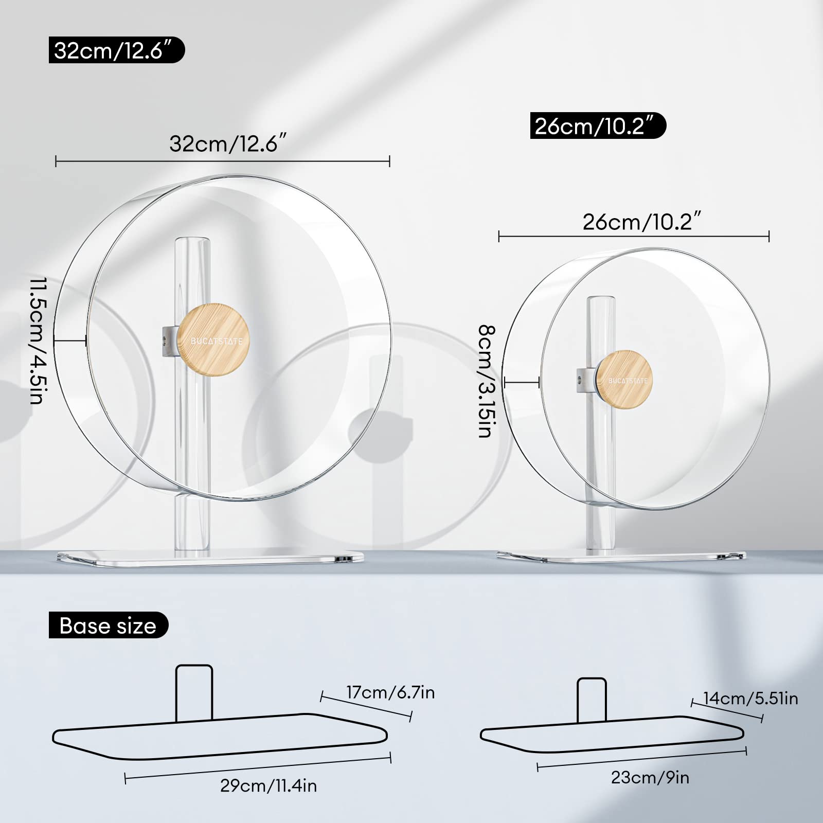 BUCATSTATE 12.5" Acrylic Hamster Wheel - Silent Exercise Wheel for Hamsters, Rats, Hedgehogs - Transparent, Adjustable Stand, Model NKHWHEEL-32cmTR