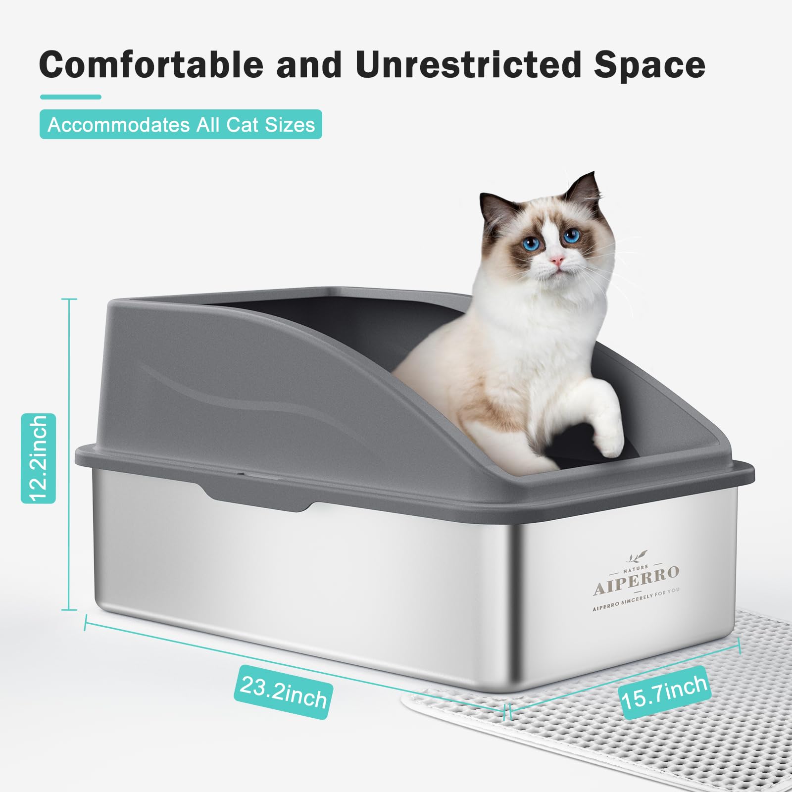 AIPERRO XL Stainless Steel Enclosed Cat Litter Box - Anti-Urine Leakage, Non-Stick Bottom, Dark Gray