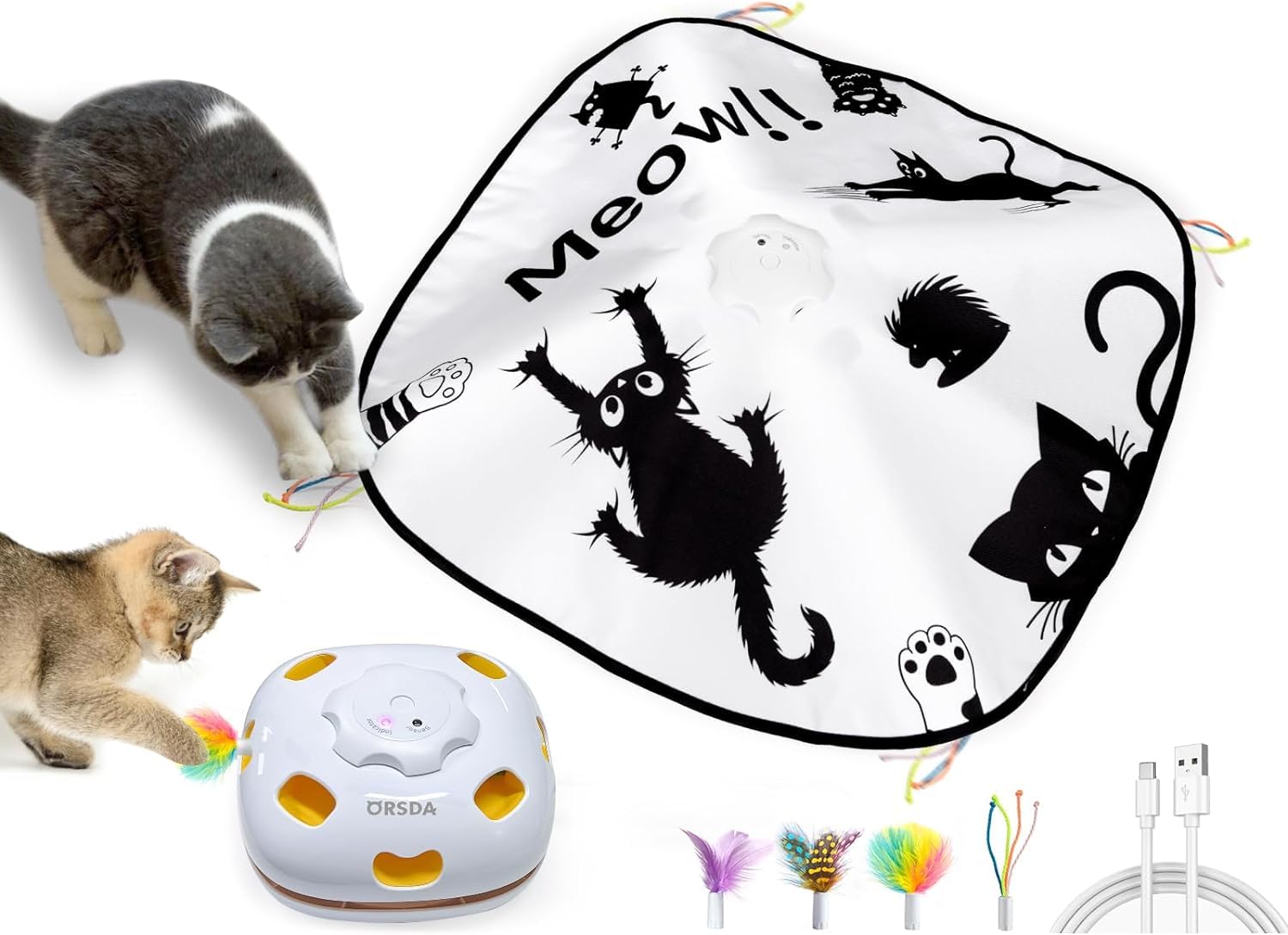 Orsda Interactive Cat Toys For Indoor Cats, 4 In 1 Automatic Kitten Toys, Rechargeable Electric Moving Ambush Feather, Hide And 