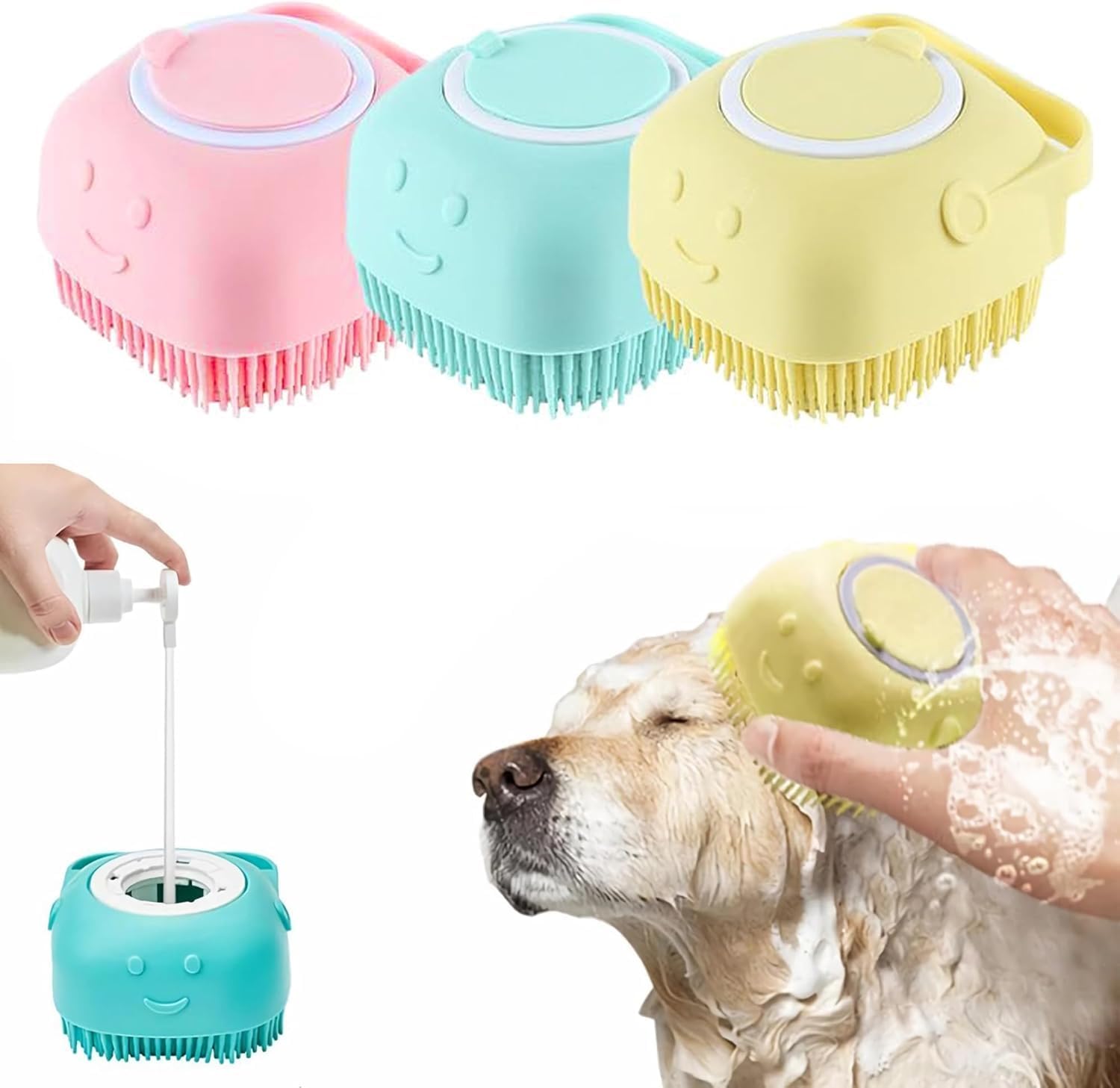 Buddies Cart Dog Grooming Brush, Pet Shampoo Bath Brush Soothing Massage Rubber Dog Bath Brush, Pet Massage Brush Shampoo Dispen