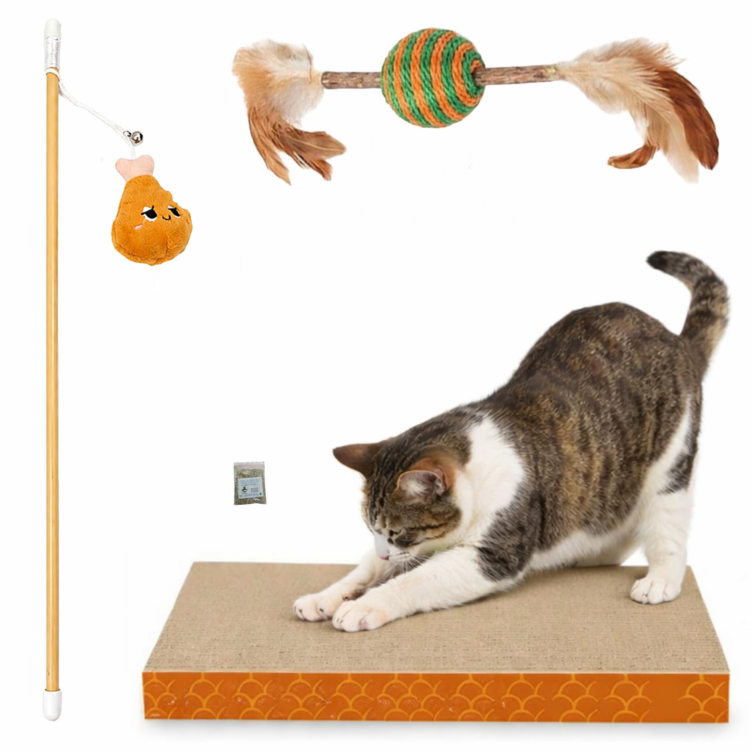 Sri Pet 3In1 Cat Scratching Board Combo, With Toy Wand, Feathers, And Ball | Corrugated Cardboard Scratcher Pad | AntiSlip Ba