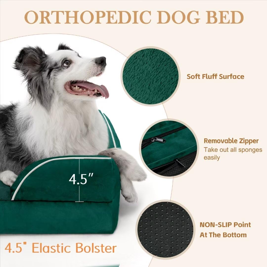 Comfort Expression Orthopedic Large Dog Beds, Waterproof Dog Beds For Large Dogs, Comfy Washable Pet Bed Sofa With Removable Cover & Non-Slip Bottom(Large,Emerald)
