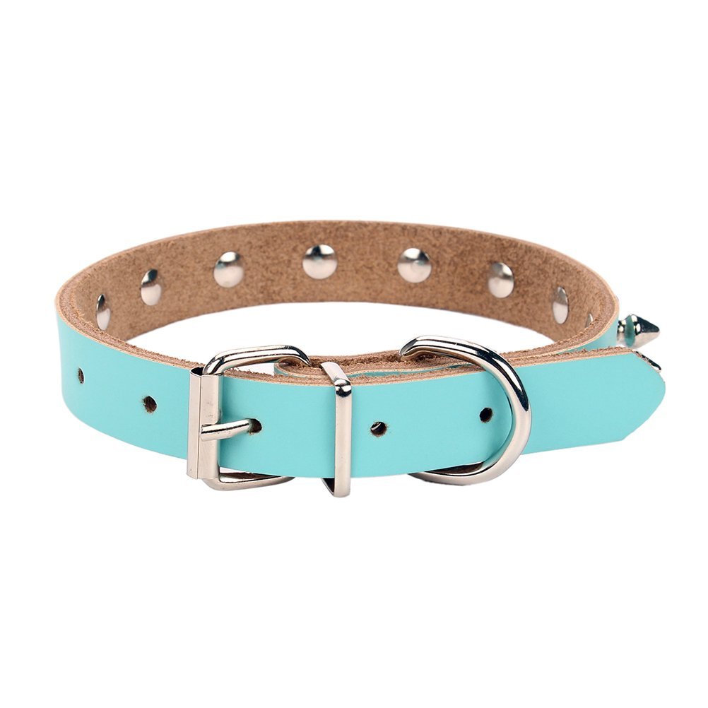 Aolove Basic Classic Adjustable Genuine Cow Leather Pet Collars For Cats Puppy Dogs (Medium, Blue-Spiked Rivet)