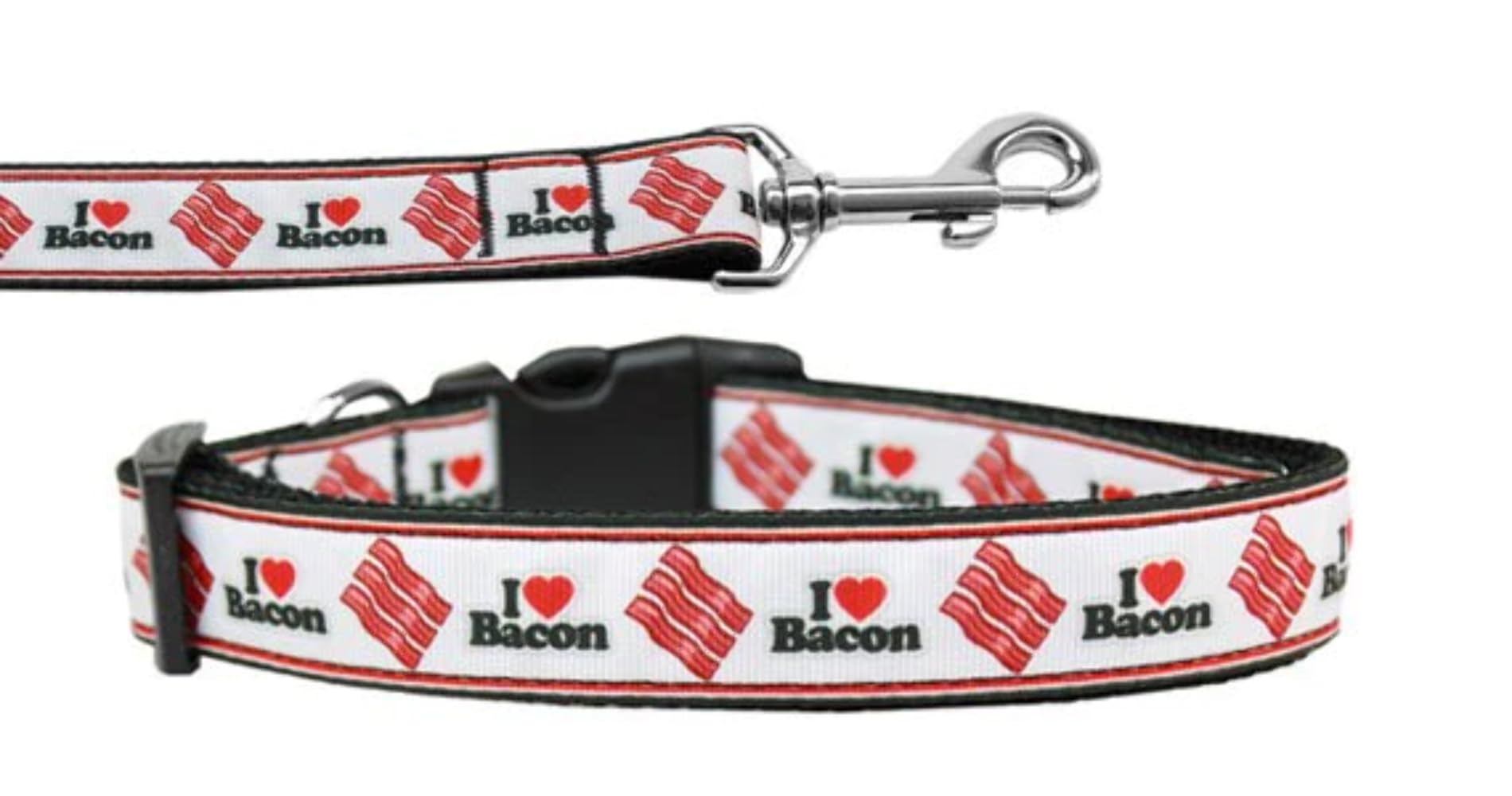 Pet Dog & Cat Nylon Collar or Leash, "I Love Bacon" XL Collar