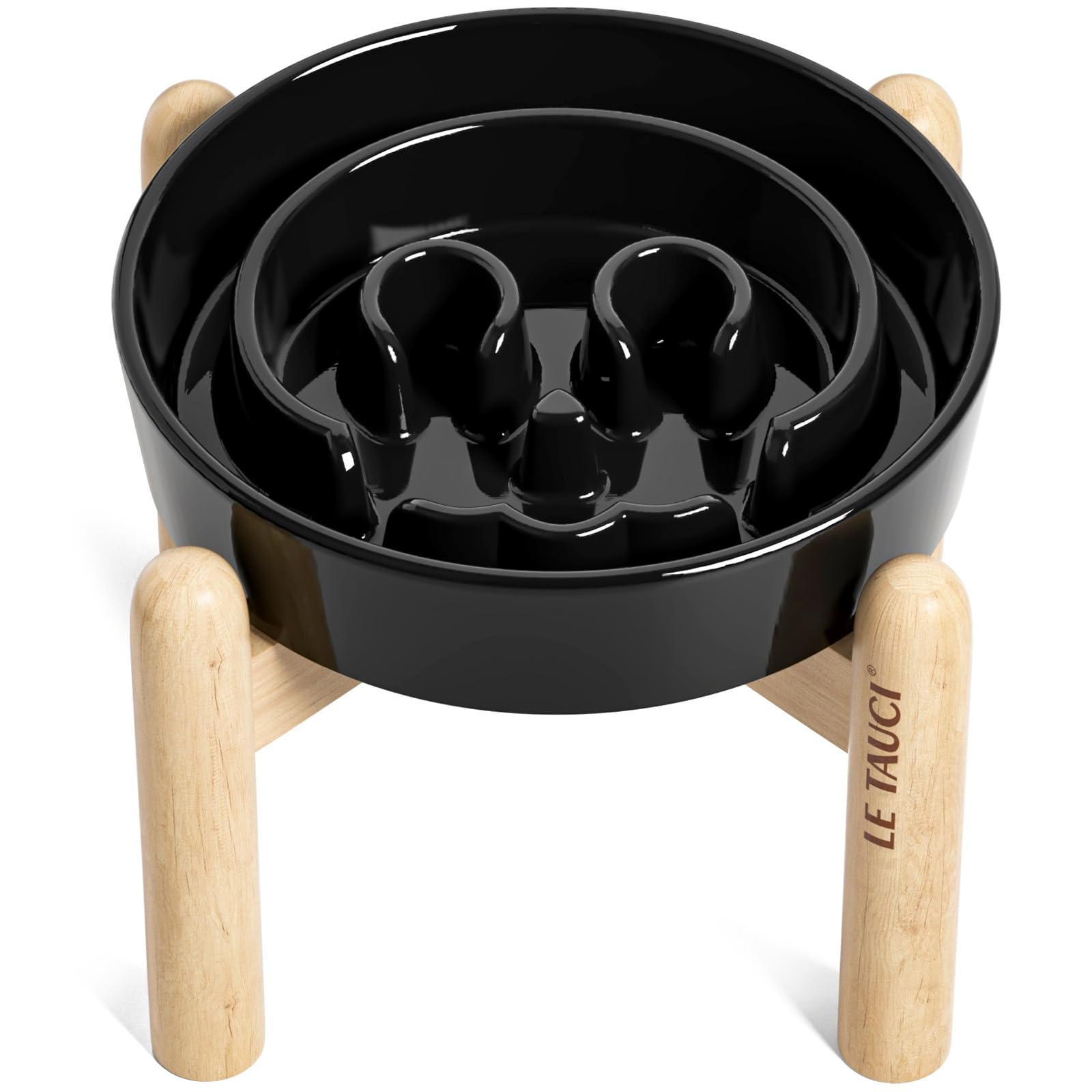 Le Tauci Ceramic Slow Feeder Dog Bowls Elevated, 0.6 Cups Raised Dog Bowl With Wooden Stand For Small Breed, Dog Dishes To Slow 