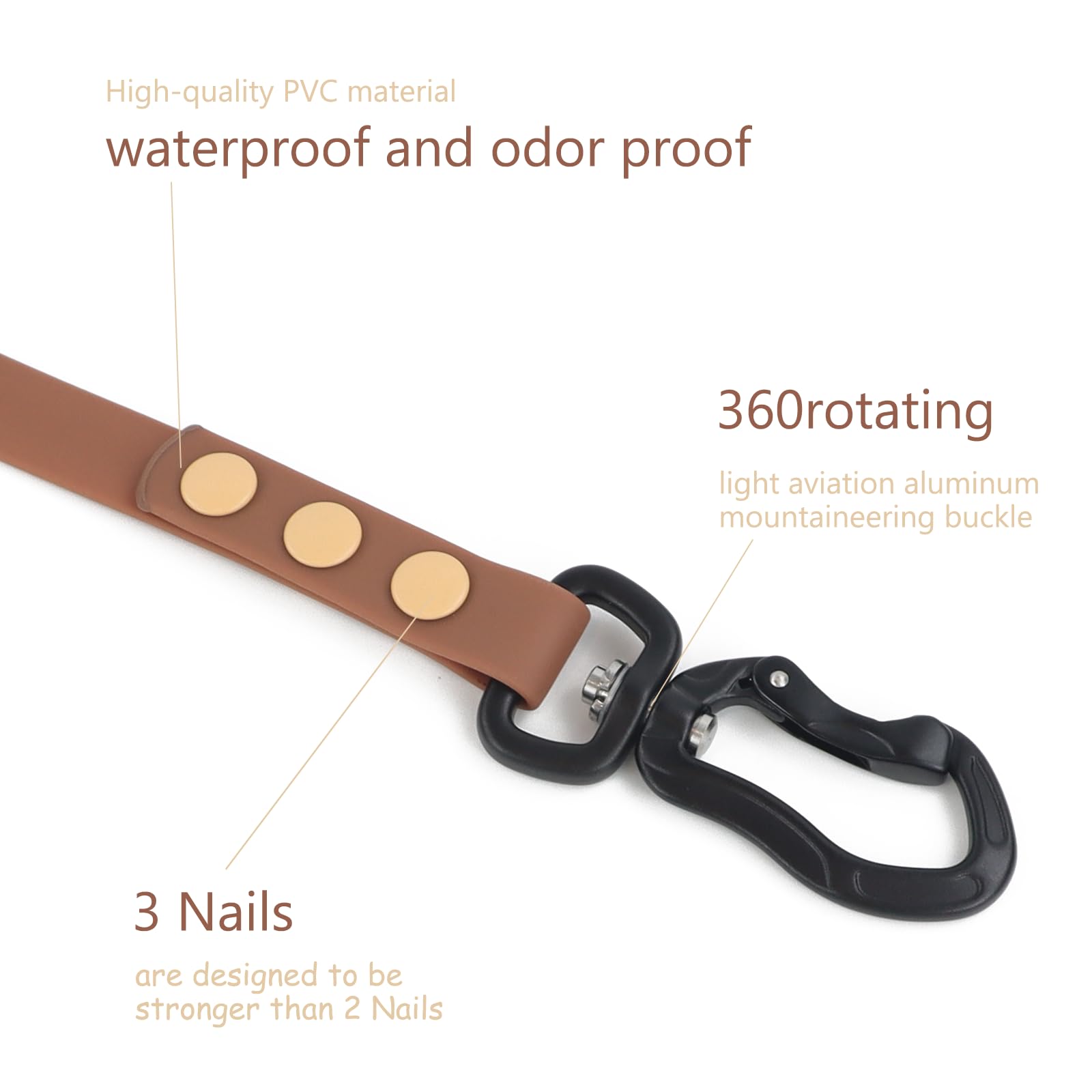 Wolfone Waterproof Dog Leash Carabiner Leash For Dogs Soft Handle Easy Care 5Ft*15Mm*2.0Mm Brown