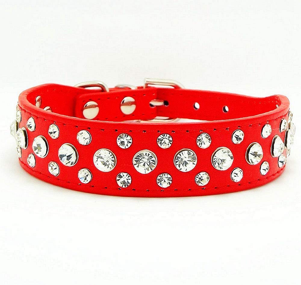 Haoyueer Bling Rhinestone Pu Leather Crystal Diamond Pet Dog Cat Puppy Collar Black S M L Xl(Red,Xl)