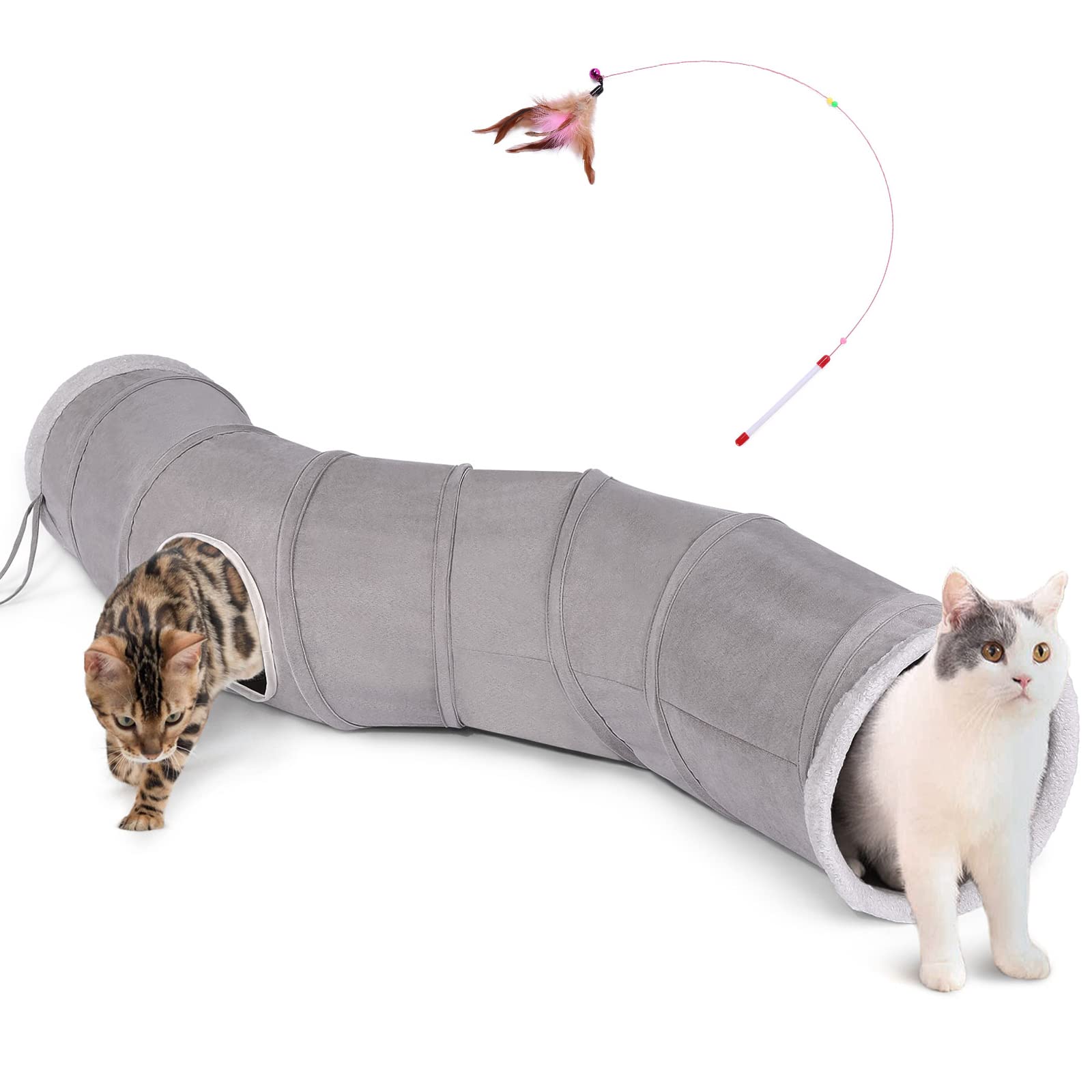 Ownpets Cat Tunnel 48 Inch Long S-Shape Collapsible Cat Play Tunnel With Interactive Feather Wand Large Pet Tunnel Tube Toy For Cat Kitten Kitty Puppy Rabbit