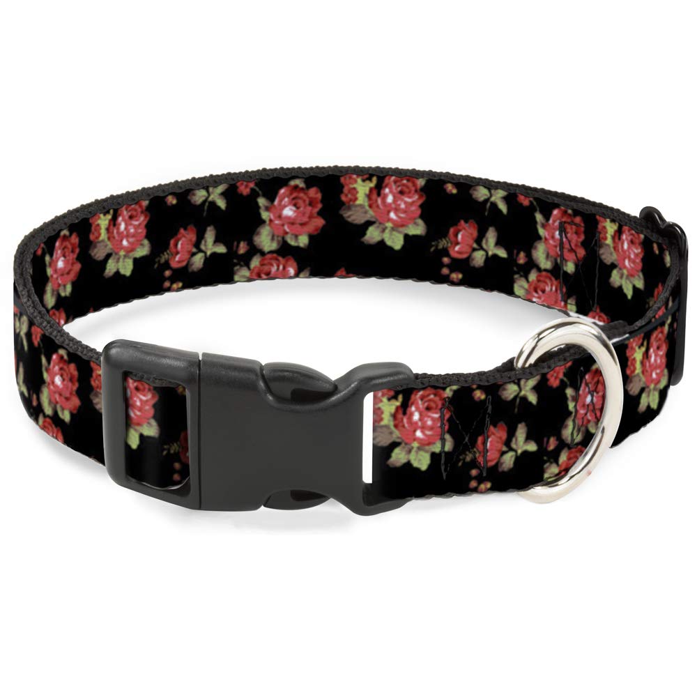 Buckle-Down Plastic Clip Collar - Red Roses Scattered Black - 1/2'' Wide - Fits 9-15'' Neck - Large