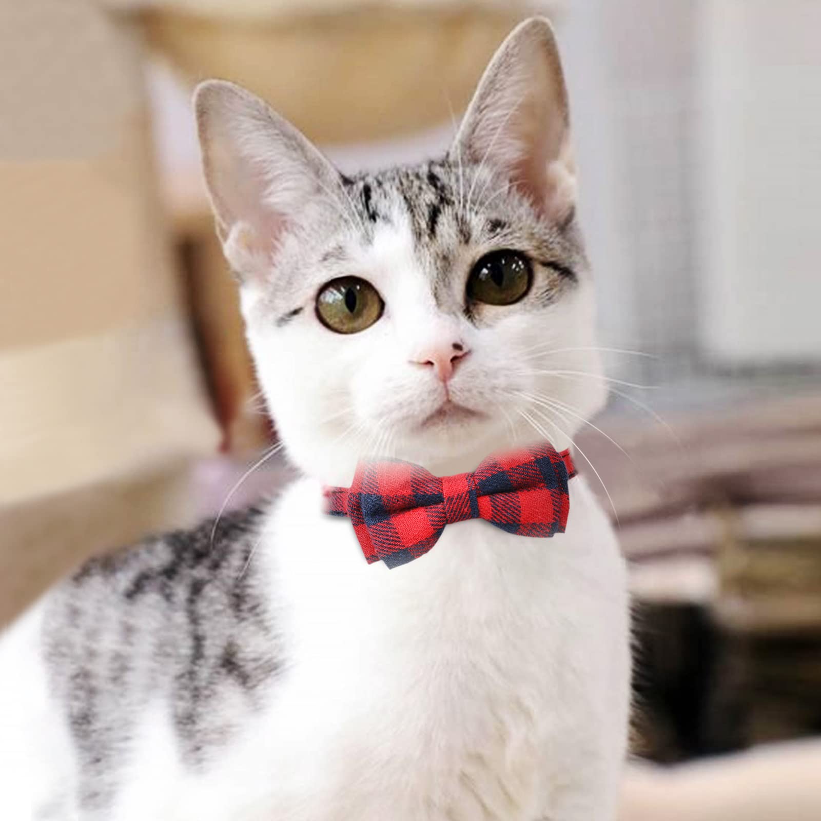 Imikoko 2 Pack of Bow Tie Cat Collar Bandana, Size Adjustable Plaid Cat Collars with Breakaway Bell - for Kitty Cats Puppy Dogs