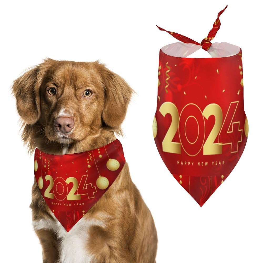 Happy New Year 2024 Dog Bandanas Pets Kerchief Reversible Triangle Bibs Scarf Outfits Accessories For Small To Large Dogs Cats