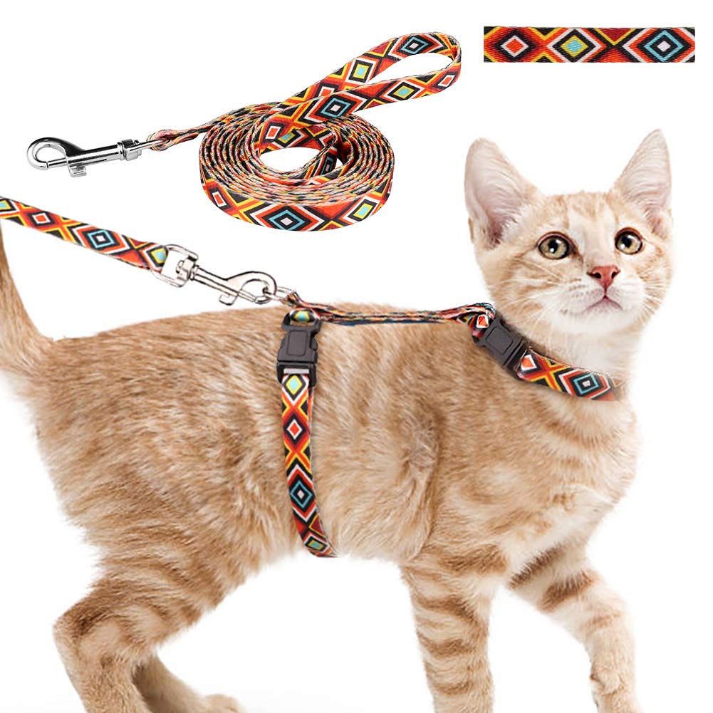 Cat Harness And Leash Set Geometric Pattern Escape Proof Adjustable For Kitty Outdoor Walking(Orange)