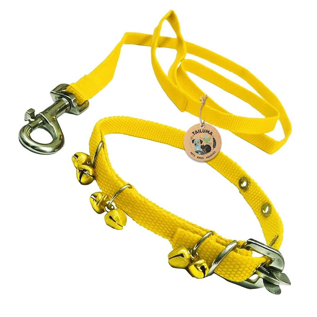 Tailuma Nylon Yellow Ghungroo Neck Collar Belt And Leash With Adjustable Stainless Steel Hook Set Ideal For Training/Walking Dog