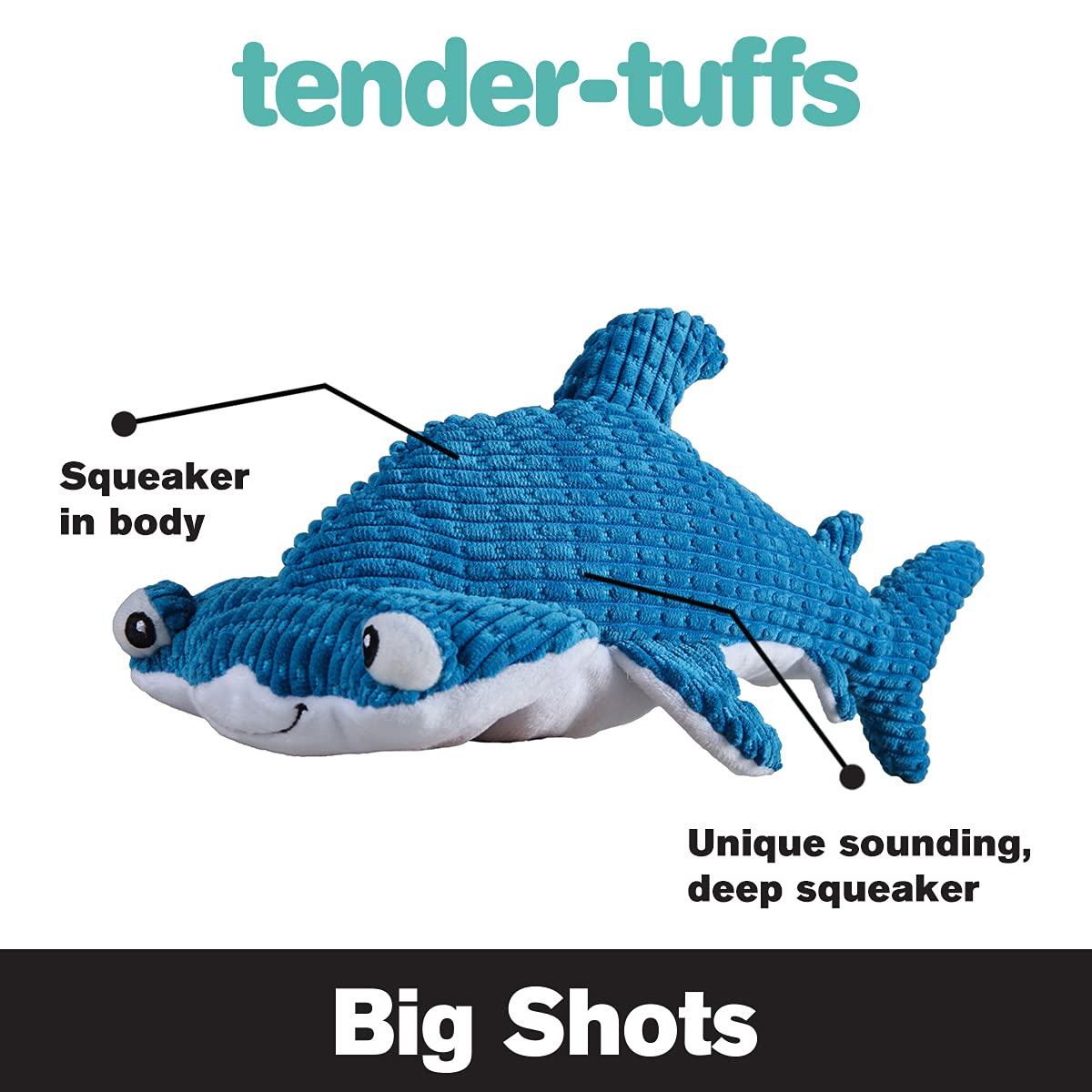 Snuggle Puppy Tender-Tuffs - Large Marine Stuffed Hammerhead Shark Plush Toy for Big Dogs - Puncture Resistant Squeaker