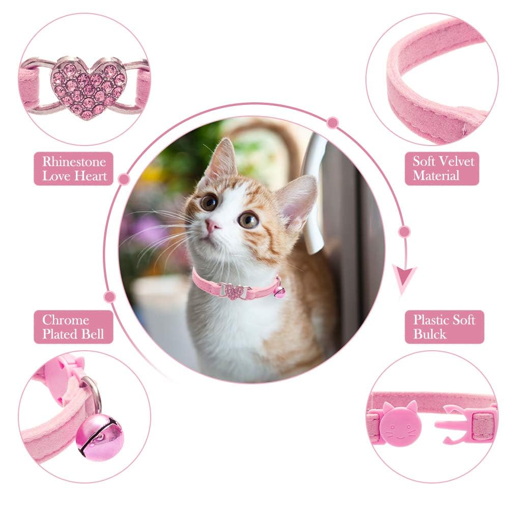 Bingpet Cat Collar Breakaway With Bell, Pack Of 2 Heart Bling Collar Safety With Soft Velvet Adjustable For Kittens