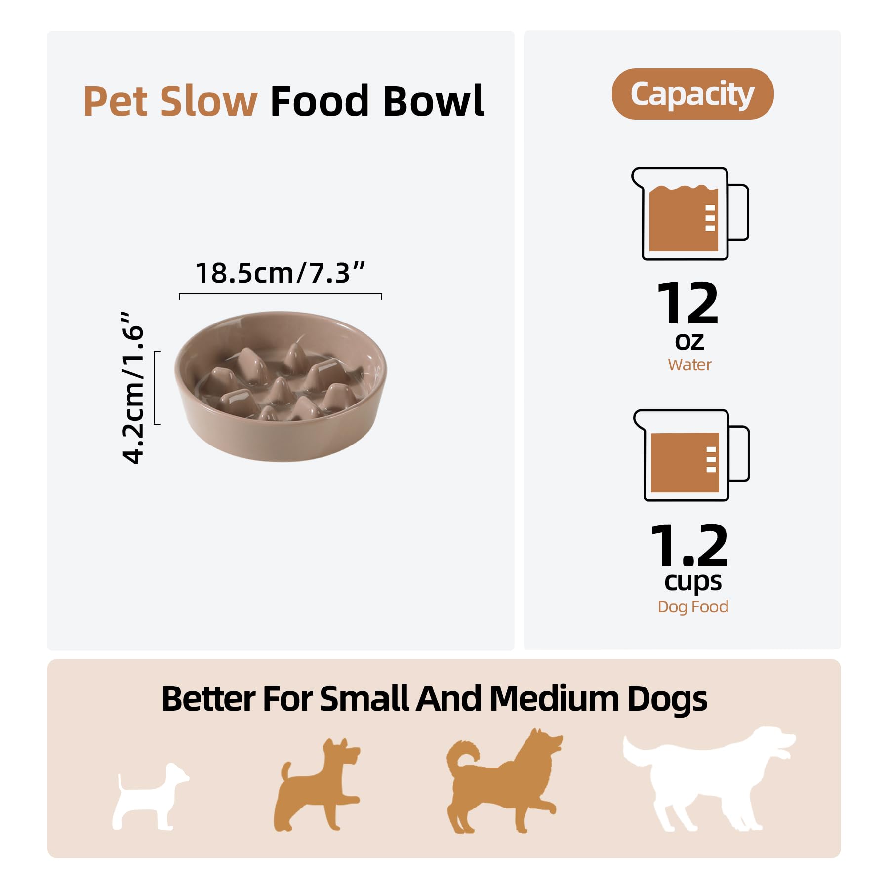 Havniva Ceramic 1.2 Cup Dog Bowl Slow Feeder, 7.3 inch Slow Pet Food Dish for Medium and Small Dog, Stop Bloat, Stop Bloat, Prev