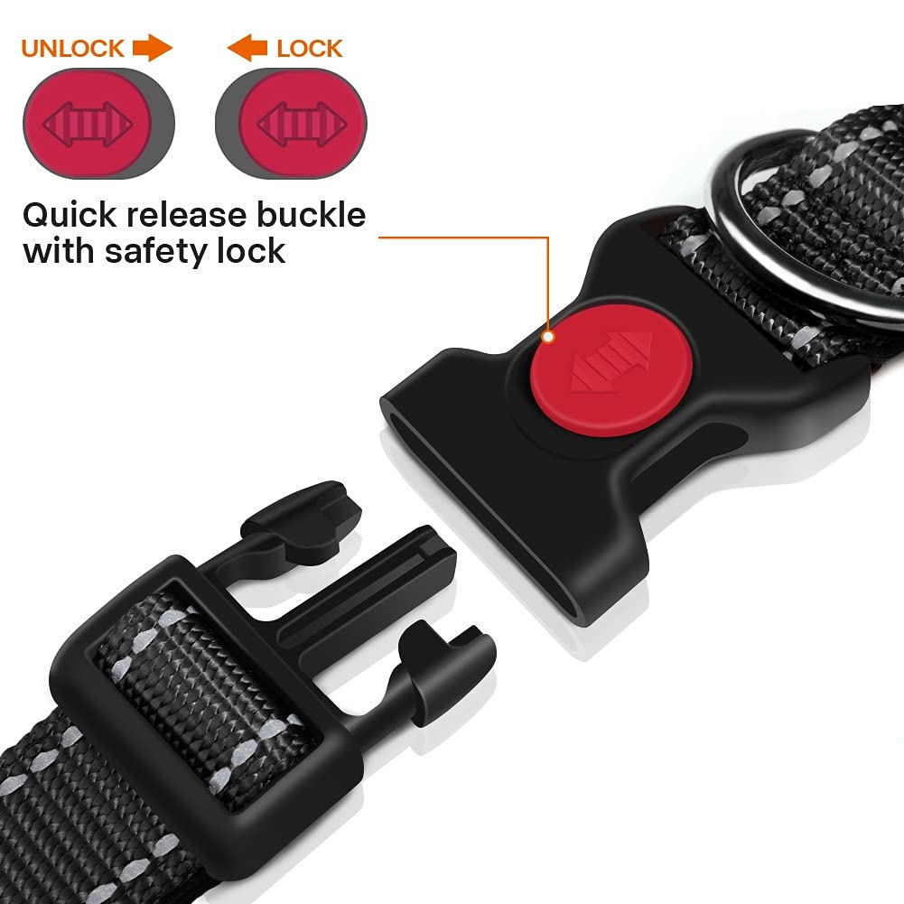 Taglory Reflective Dog Collar With Safety Locking Buckle, Adjustable Nylon Pet Collars For Extra Large Dogs Female Male, Black, Xl
