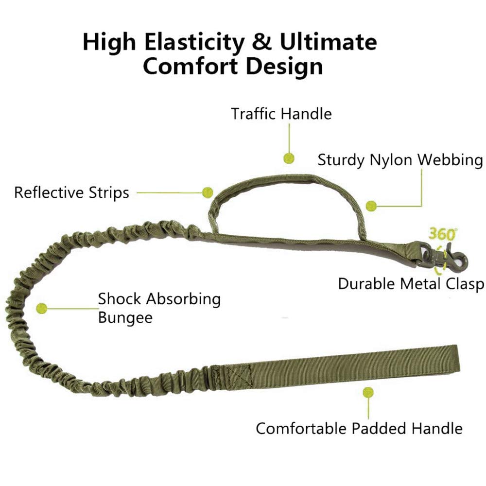 Tactical Dog Collar And Leash Set Tactical Dog Collar With Handle Bungee Leash Adjustable Military Training Nylon Collar Dog Training Collar Leash Set With Control Handleand Metal Buckle (Green L