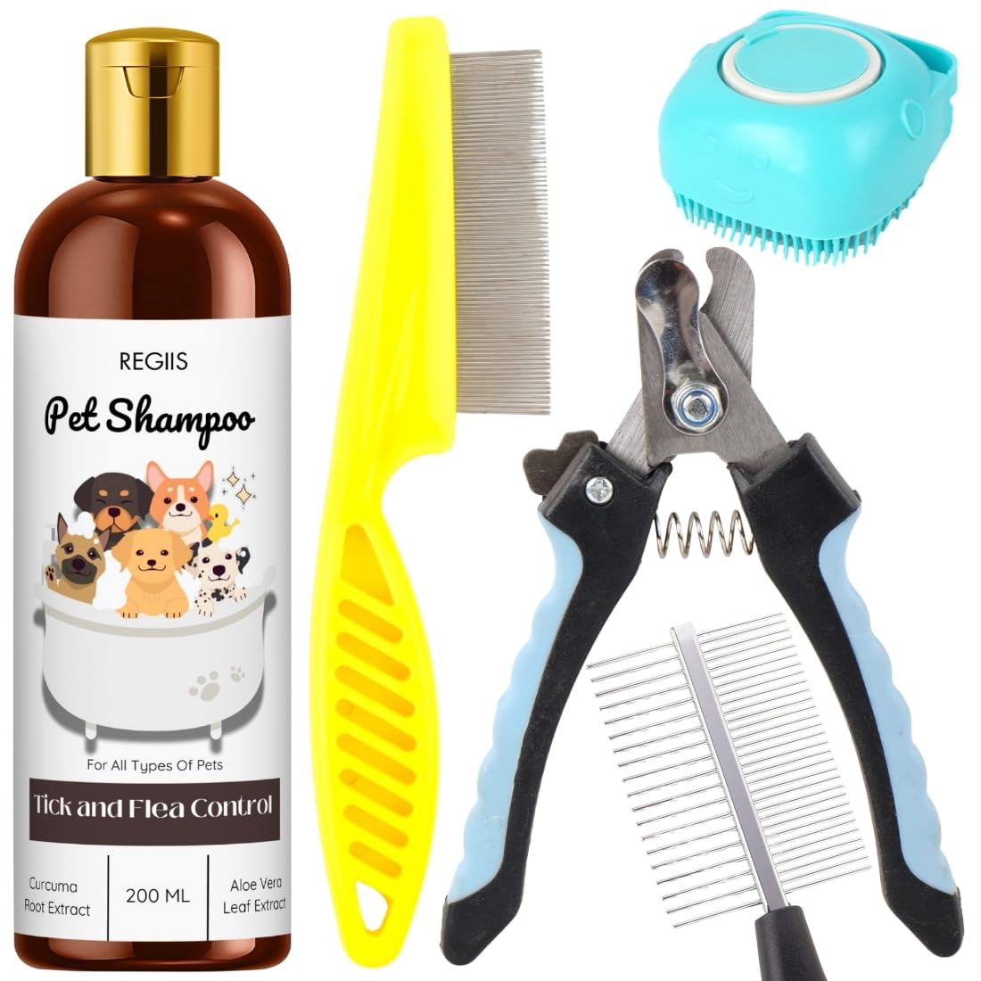 Pet Grooming Kit With Shampoo, Nail Clipper And Comb, Tick And Flea Control, 200Ml(Pack Of 5)