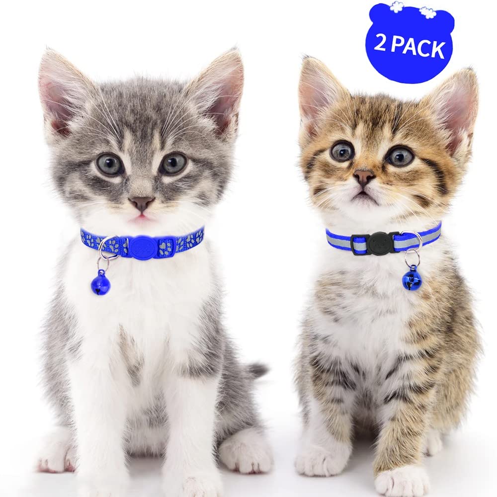 Taglory Reflective Cat Collars Breakaway With Bell, 2 Pack Girl Boy Pet Kitten Collar Adjustable 6-8 Inch, Navyblue