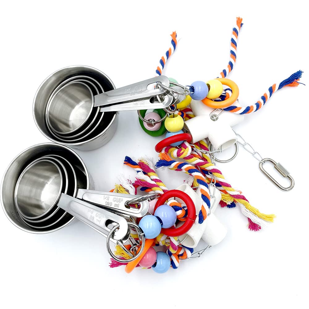 Gilygi New Upgraded Metallic Pots And Multicolored Ring Toys, Pullable 8 Stainless Steel Cups And 8 Wooden Ring Toys For Large And Extra Large Parrot Amazons Macaws African Greys Cockatoos Eclectus