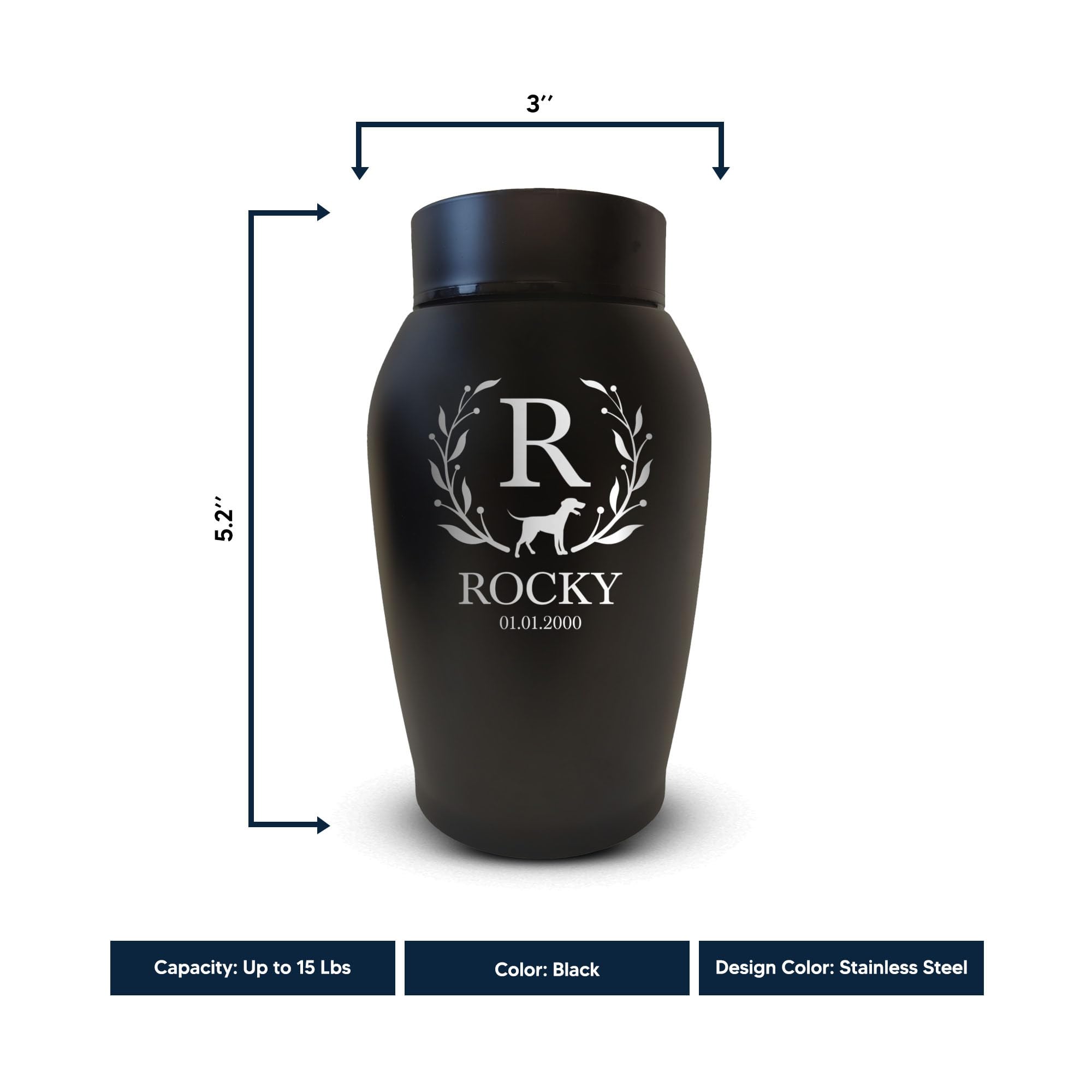 Personalized Custom Small Keepsake Urn Engraved With Pet Name, Date, And Dog Design - 5.2' Black Powder Coated Steel Cremation