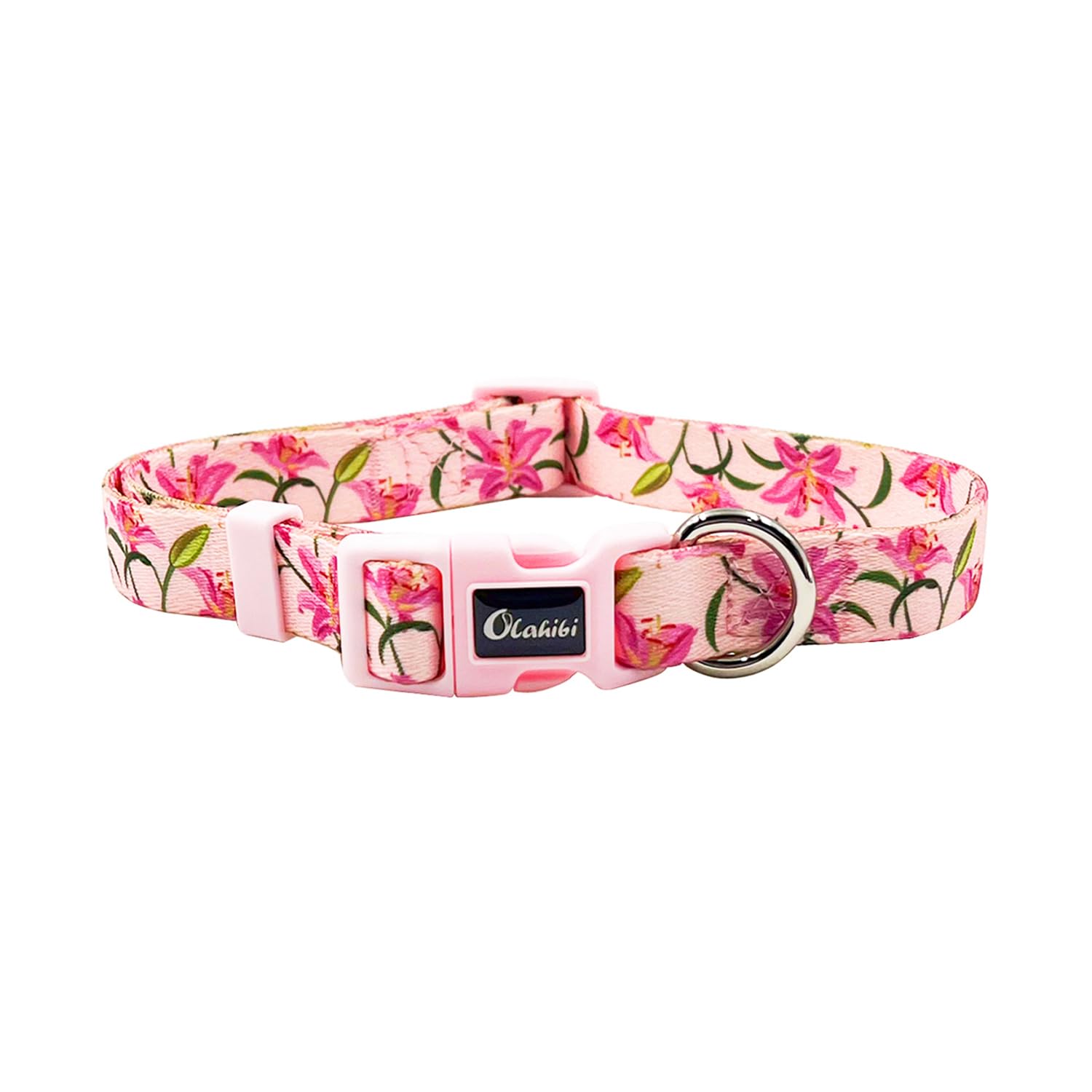 Olahibi Dog Collar And Leash Set, Lily Floral Pattern, Polyester Material, 5Ft Leash, For Medium Dogs.(M, Pink Lily)