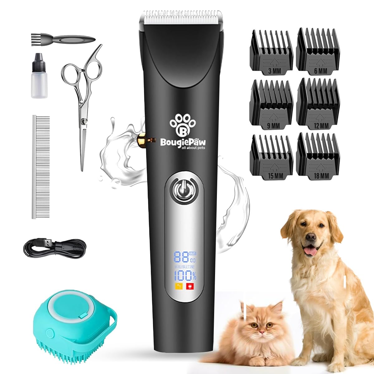 Bougiepaw Dog & Cat Clippers Grooming Kit - Rechargeable Low Noise Trimmer With Scissors | Cordless For Thick Coats & Bath Brush