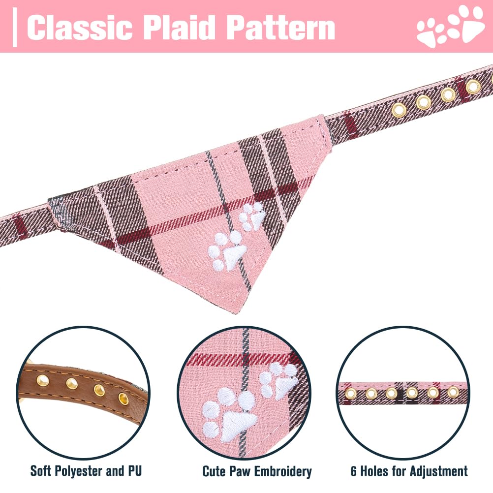 Expawlorer Dog Collar And Leash Set - Embroidery Pawprints Plaid Dog Collar And Dog Leash Set, Bow Tie And Bandana Dog Collar, A