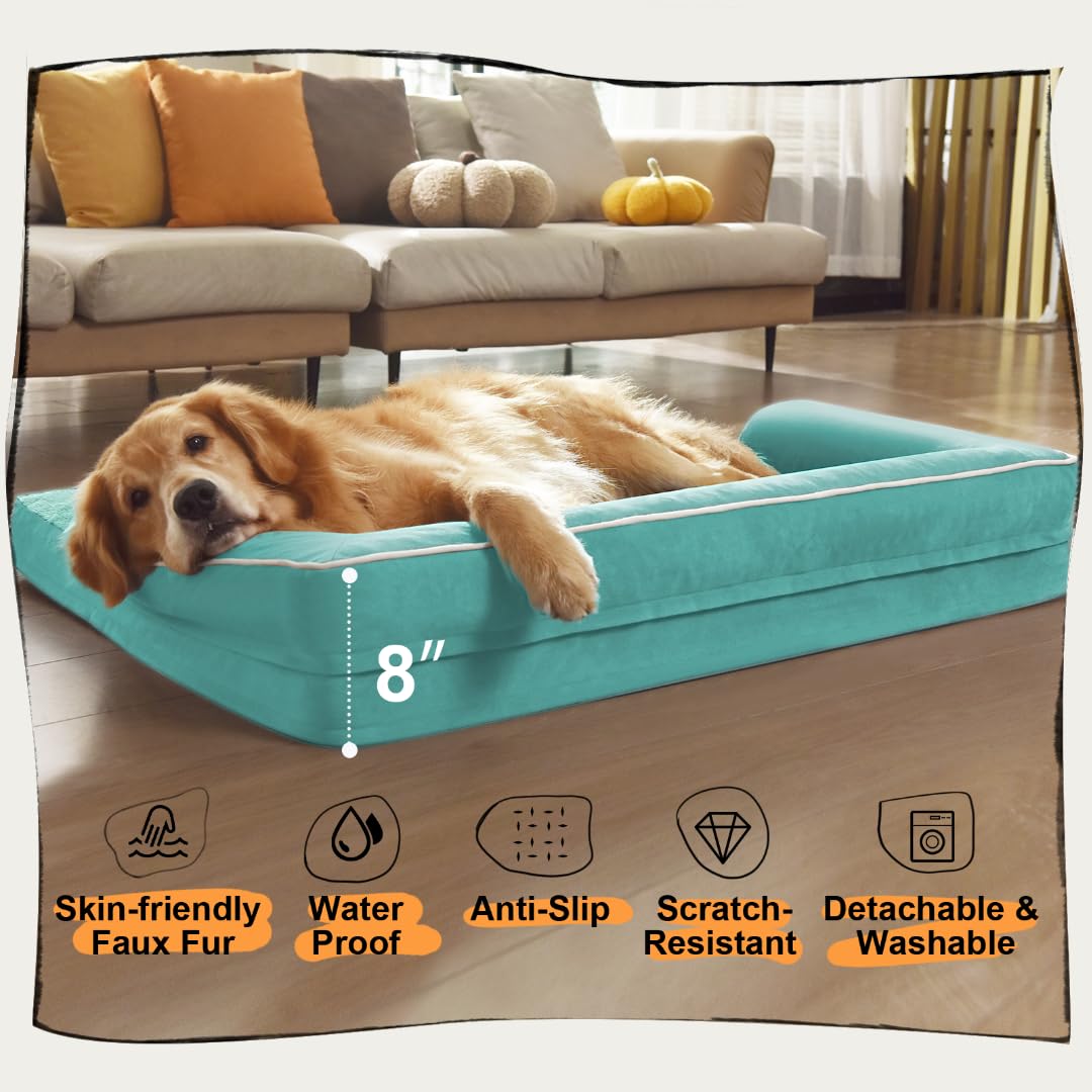 Orthopedic Large Dog Bed Washable, Orthopedic Dog Beds With Removable Cover, Large X Xl Pet Dog With Bolster, Washable Aqua Blue Large Dog Beds With Egg Foam For Medium Large Dogs