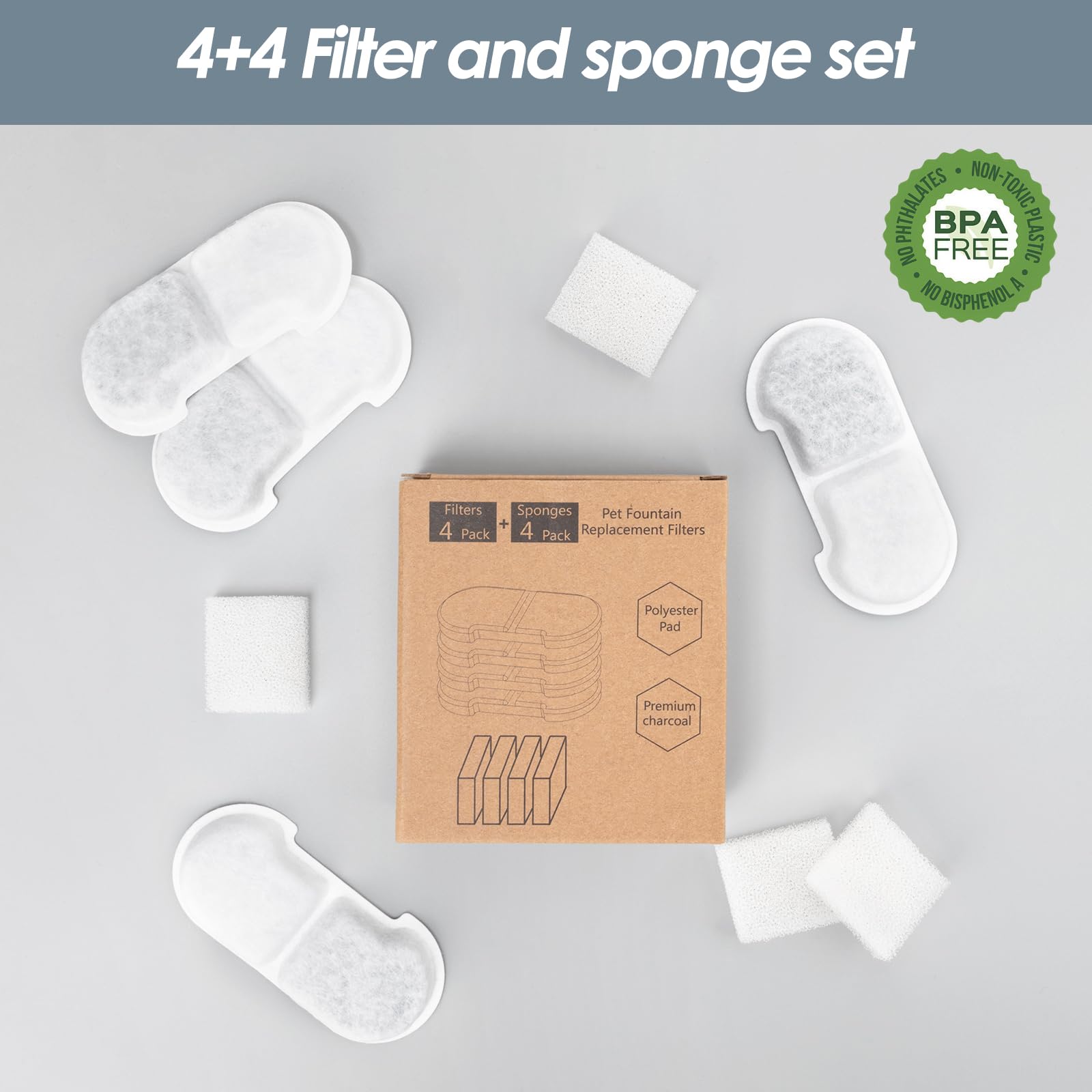 SEIRMEP Cat Water Fountain Filters & Pre-Filter Sponges, 4 Packs, for 101oz Stainless Steel Fountain, White, Model TYO8LX