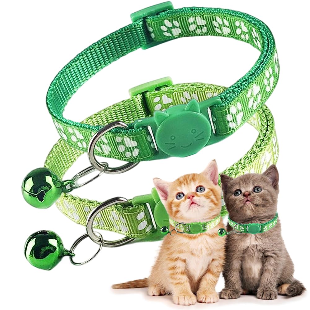 Green Cat Collars With Bells, 2 Pack Break Away Cat Collar With Bells, Kitten Collar Breakaway For Boy Pet Cats Kitty