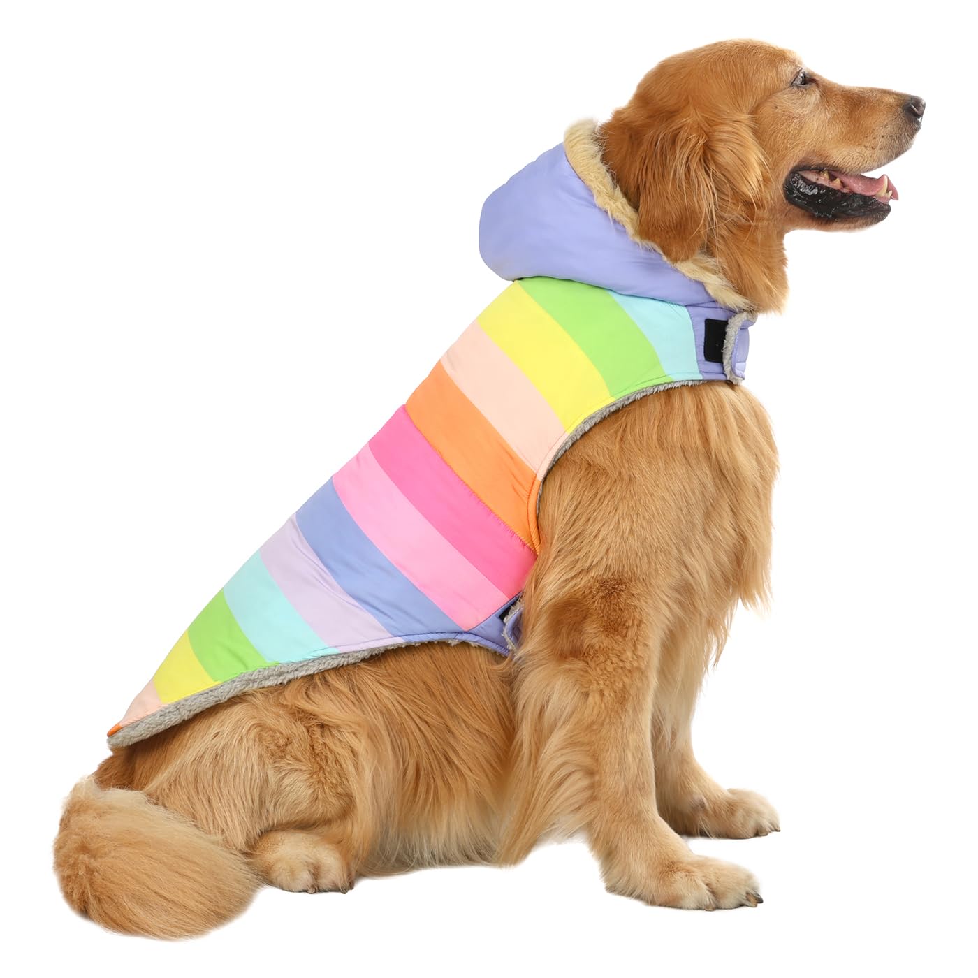 Hde Dog Puffer Jacket Fleece Lined Warm Dog Parka Winter Coat With Harness Hole Pastel Rainbow - L