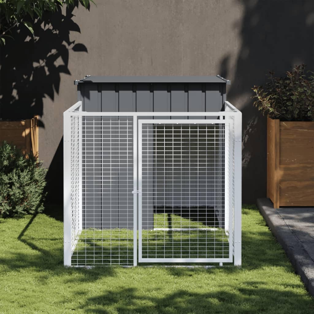 vidaXL - Dog House with Extended Run in Anthracite Color, Sturdy Galvanized Steel Construction, Ample Space, Mesh Design for Ventilation, Weather-Resistant Roof